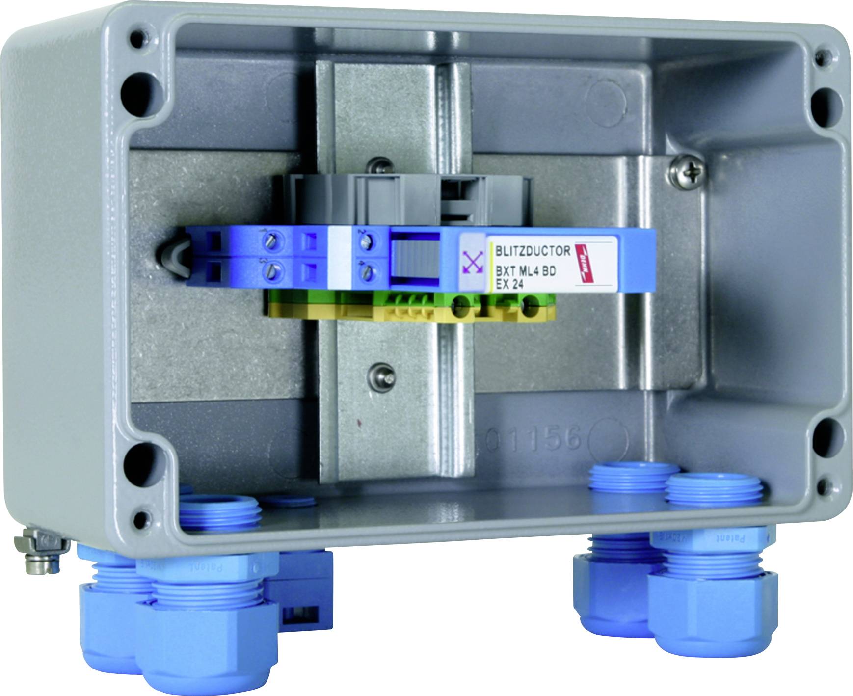 Grau-blaues Blitzschutzgerät in Gehäuse. Schützt elektrische Systeme vor Überspannung. Hauptteil in der Mitte montiert.