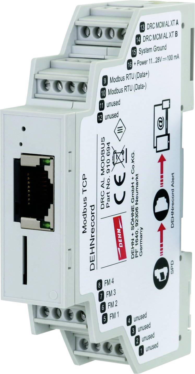 Ein Steckmodul für DIN-Schiene mit Ethernet-Port und mehreren Anschlussklemmen, verwendet für Modbus TCP/RTU Kommunikation.