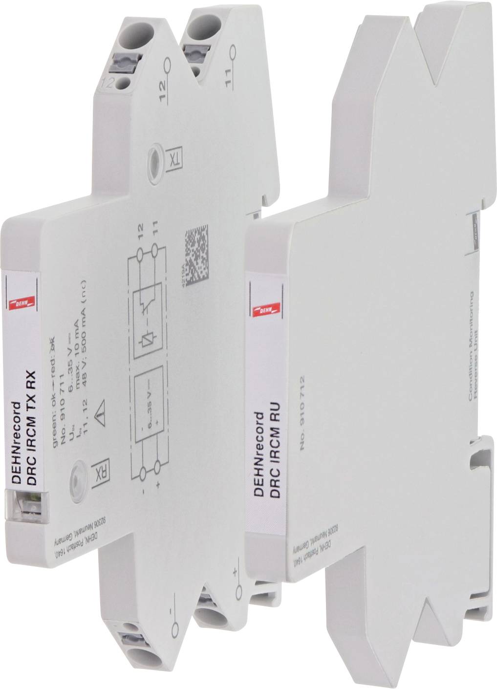 Zwei weiße elektronische Module in schmalem Design mit Beschriftungen und Anschlüssen, montiert in vertikaler Ausrichtung.