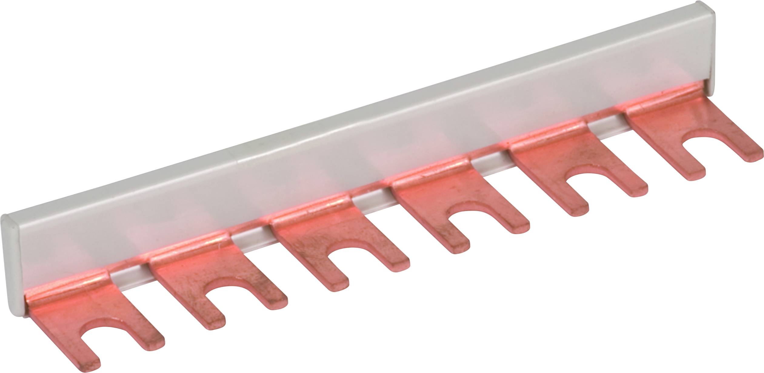 Eine rote Stromschiene mit mehreren Zinken, die zur Verteilung von Elektrizität in elektrischen Schaltschränken verwendet wird.