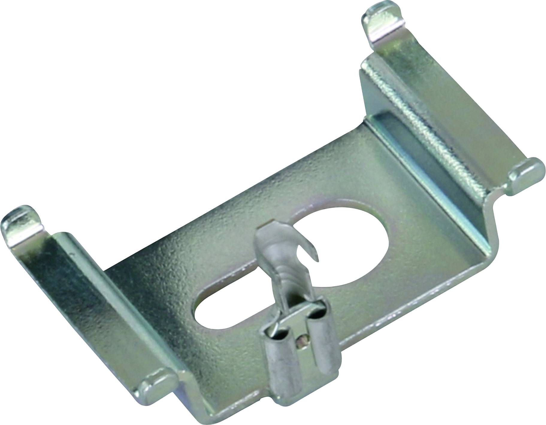 Metallklammer in rechteckiger Form, mit zwei aufrechten Seiten, zentrales Loch und kleiner Hakenverschlusss. Verwendet zum Befestigen.