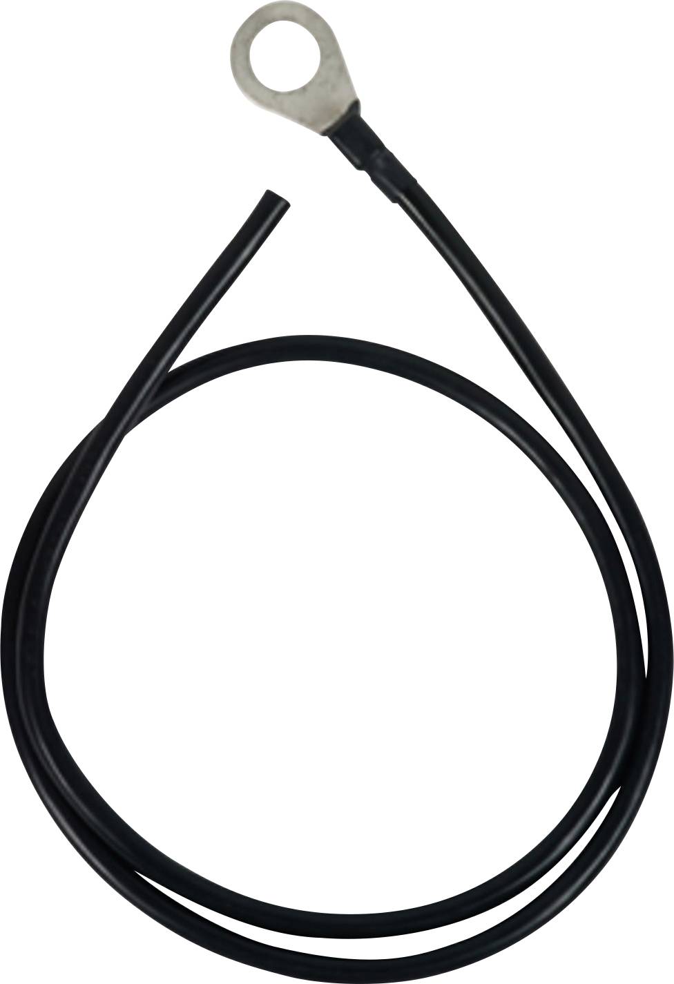 Ein schwarzes Kabel mit einem Metallohr an einem Ende, möglicherweise für elektrische Verbindungen oder Erdung vorgesehen.