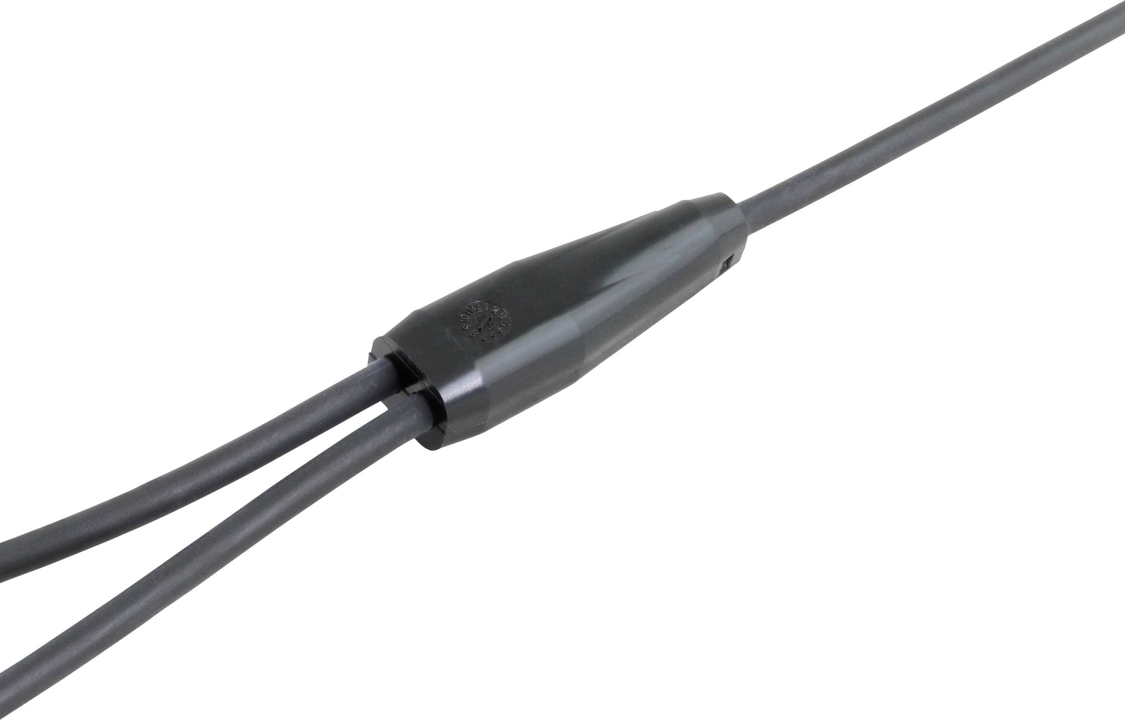 Ein schwarzes Stromkabel mit einer Verbindungsmuffe in der Mitte, das zwei separate Kabel verbindet.