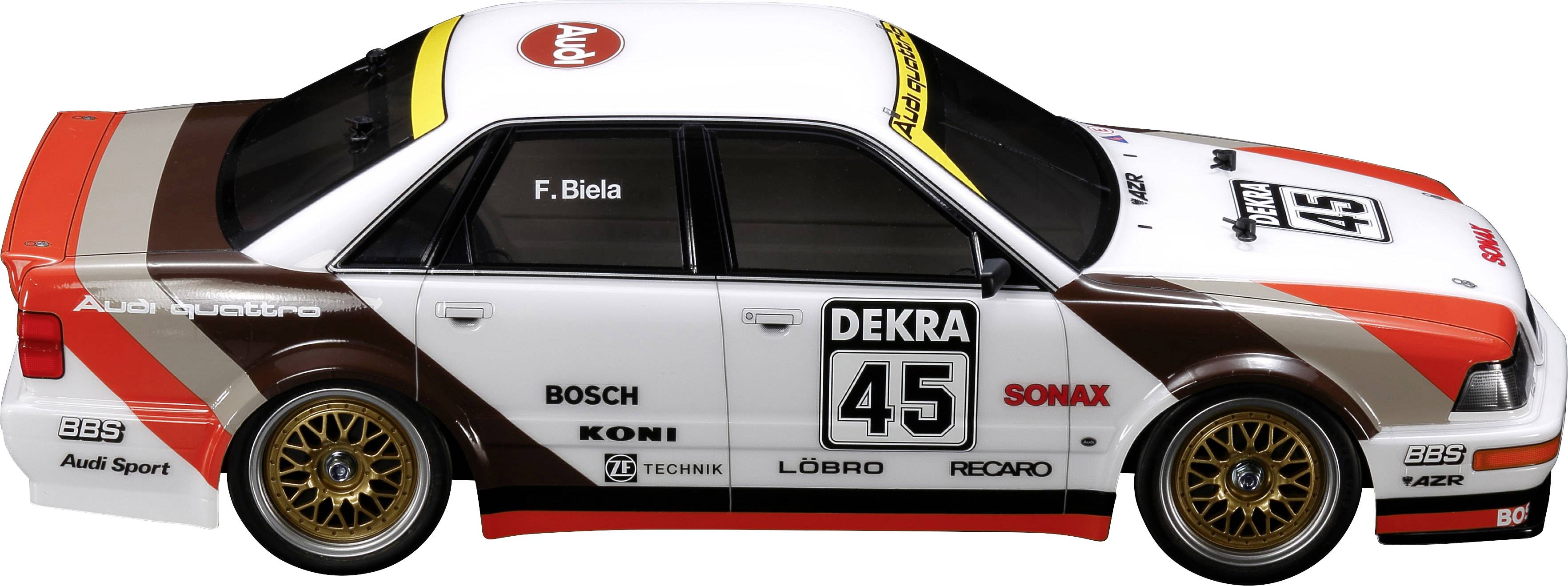 Ein Rennwagen in weiß, rot und braun mit der Nummer 45 auf der Tür. Markenlogos sind auf der Karosserie verteilt.