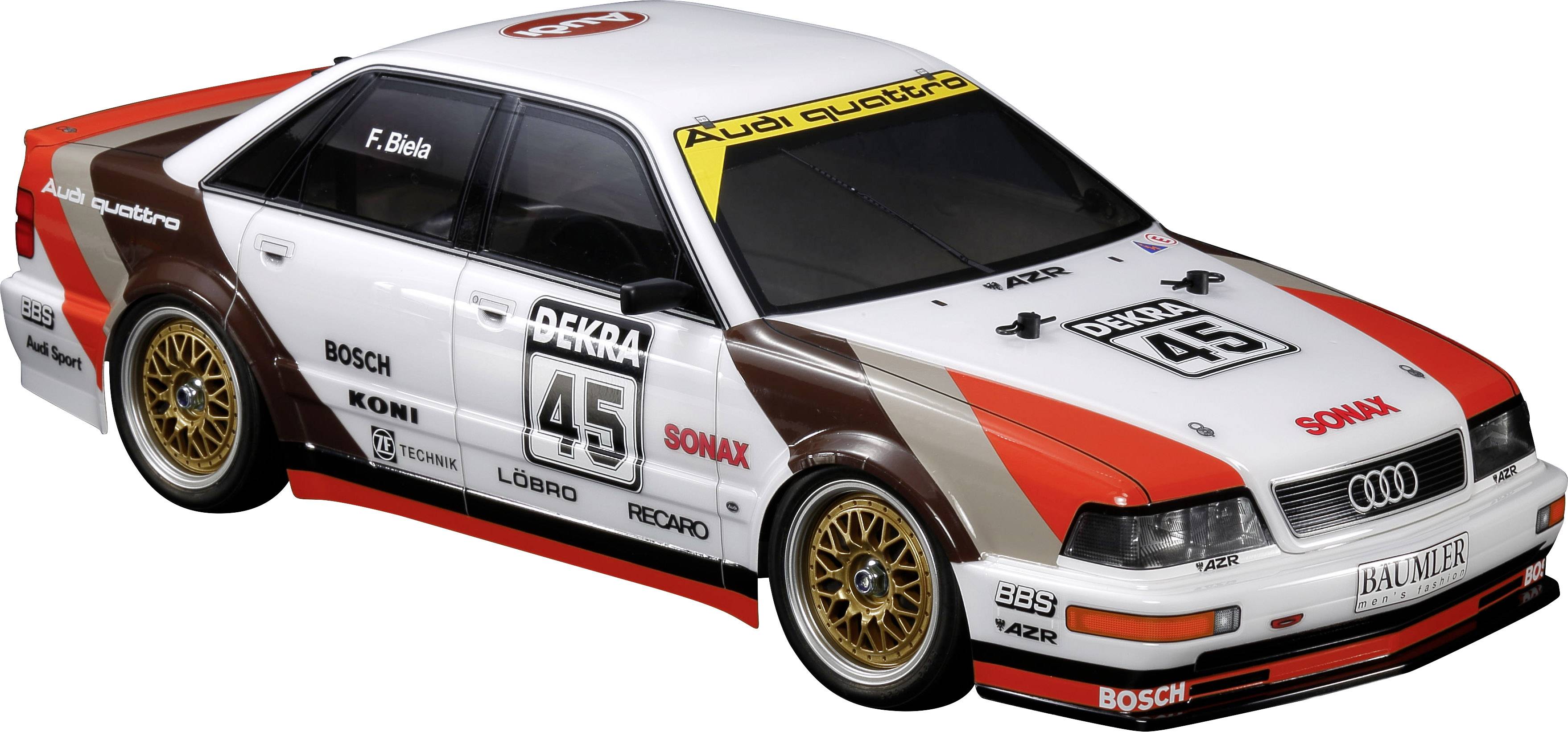 Ein Modellauto eines Rennwagens, lackiert in Weiß, Rot und Braun, mit der Nummer 45 und einem Audi Quattro-Design.