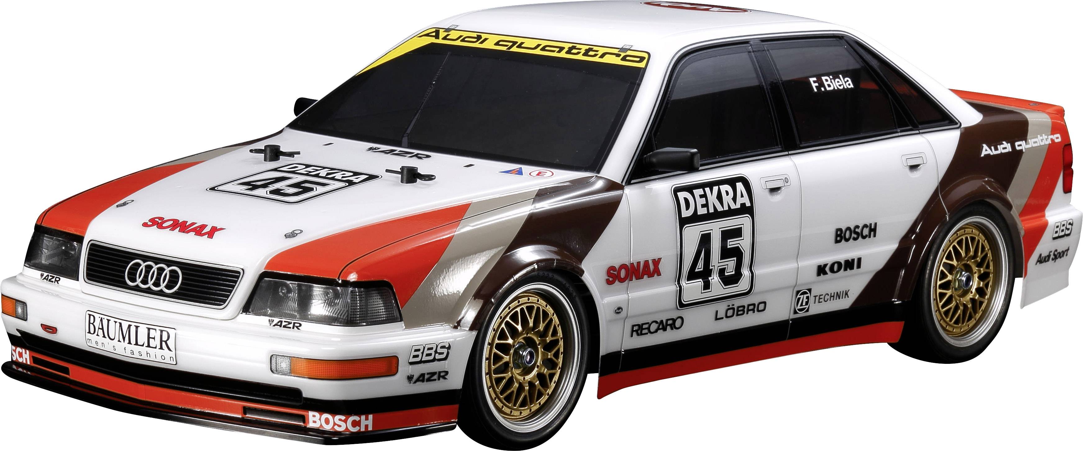 Rennwagen im klassischen Audi-Design mit Startnummer 45, Logos von Sponsoren und goldenen Felgen.