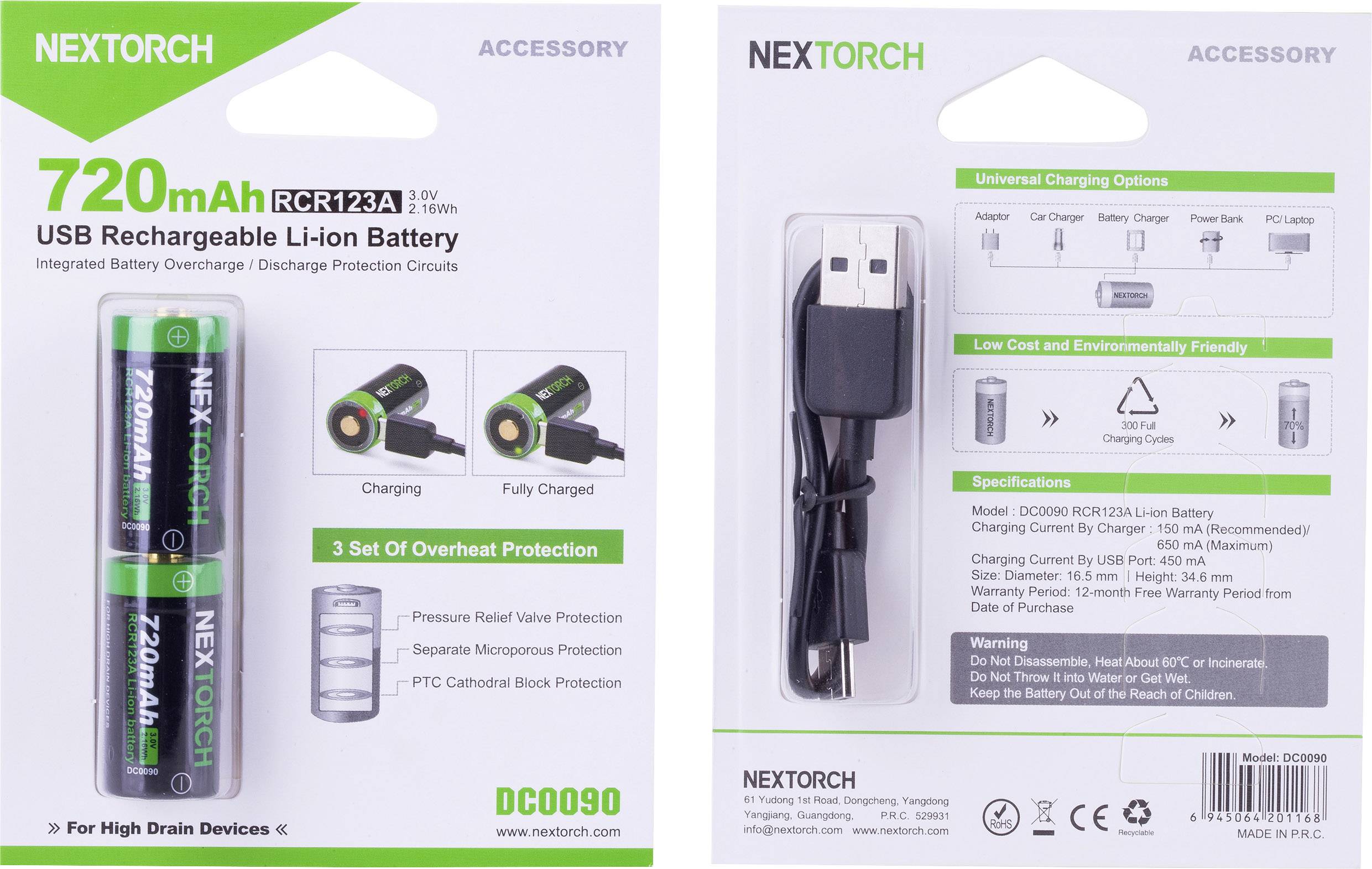 Nextorch RCR123 (USB) 2er Spezial-Akku Li-Ion 3V 720 mAh