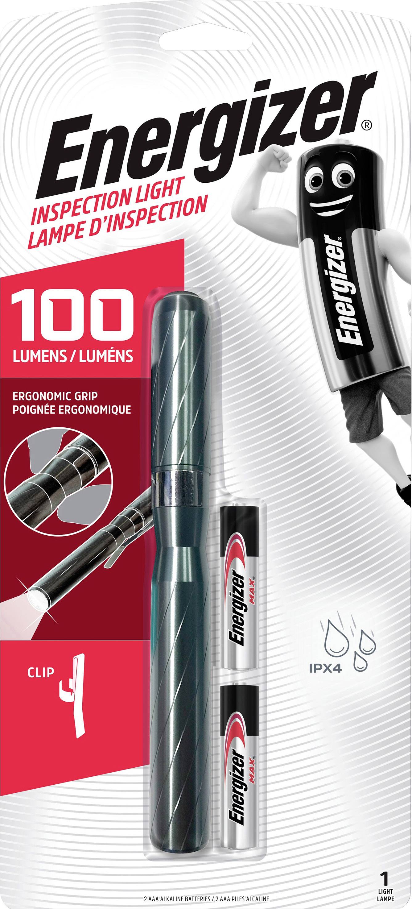 Verpackung einer Energizer-Inspektionslampe mit ergonomischem Griff und Clip. Beinhaltet 100 Lumen Lampe und zwei Batterien IPX4.