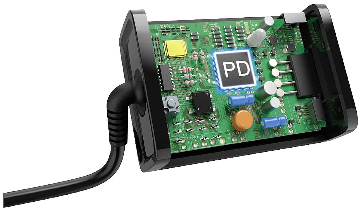 Ein Netzteil mit sichtbaren elektronischen Komponenten und der Aufschrift 'PD' auf einem Chip, das für Power Delivery steht.