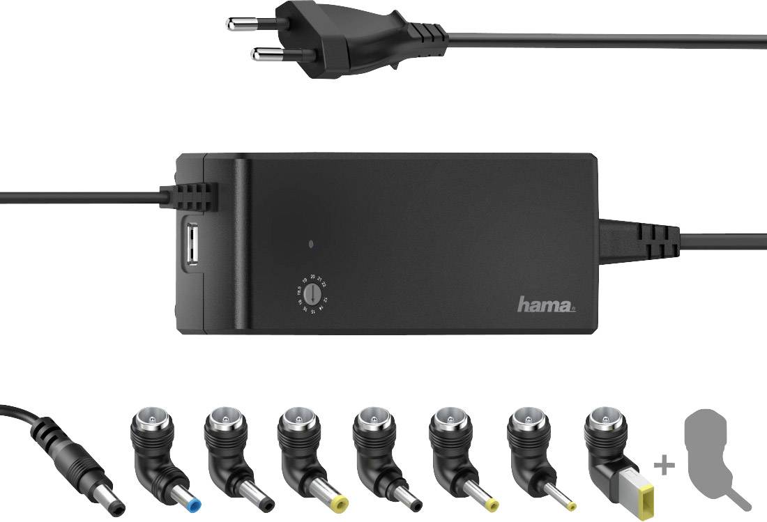 Netzteil mit mehreren Adaptersteckern für verschiedene Laptopmodelle, inklusive USB-Anschluss. Enthält acht Adapter für diverse Anschlüsse.