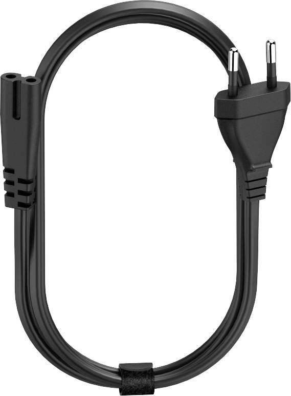 Ein schwarzes Netzkabel mit einem Eurostecker und zwei Pin-Buchsen in einem ovalen Arrangement.