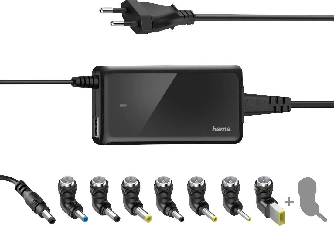 Universal-Laptop-Netzteil von Hama mit verschiedenen austauschbaren Steckern für verschiedene Gerätetypen.