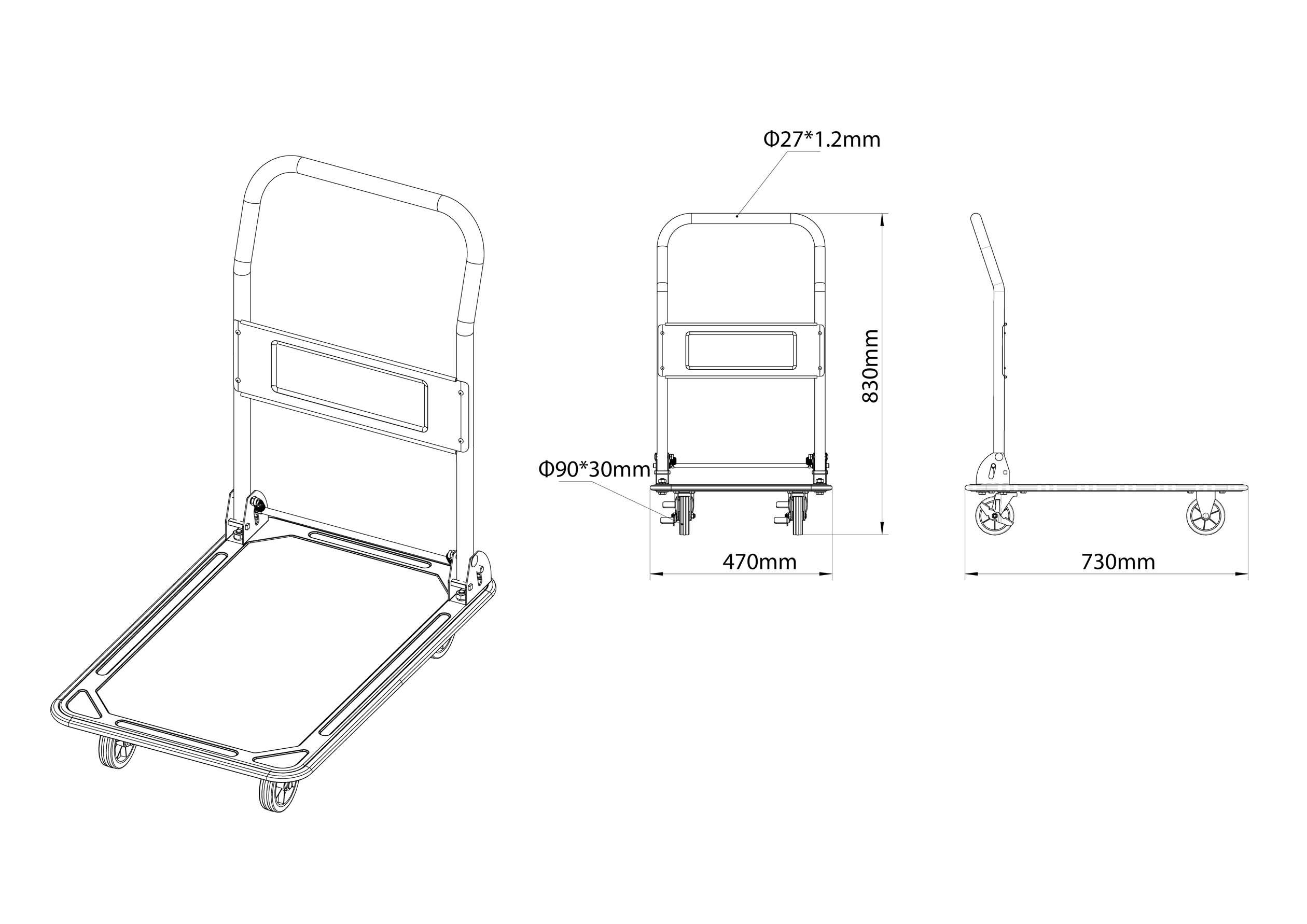 Diagramm eines Transportwagens mit Abmessungen: 880 mm Höhe, 730 mm Länge, 470 mm Breite. Radgröße: Ø27*1,2 mm.