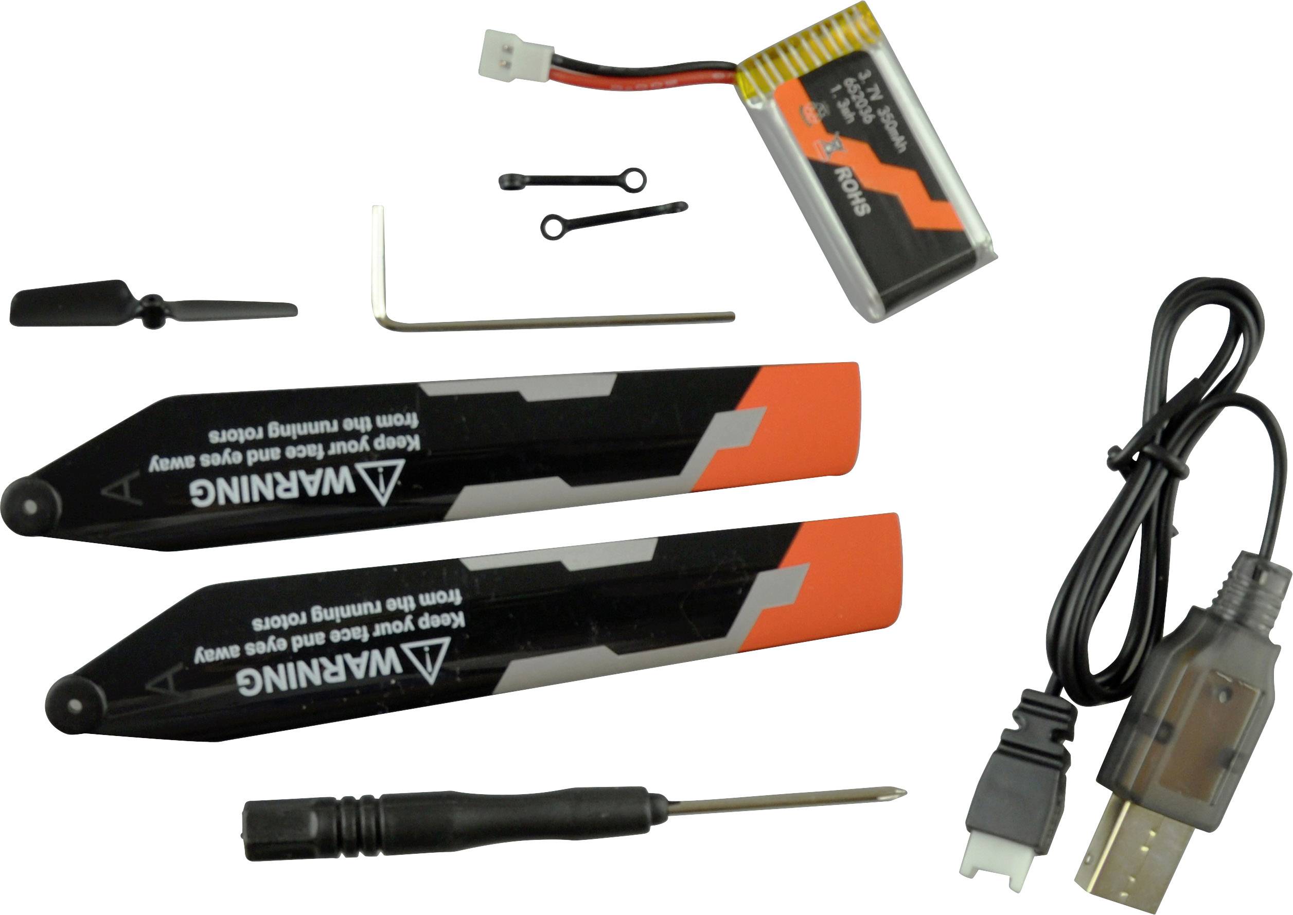 Ersatzteile für eine Drohne: zwei Propeller, ein Schraubendreher, Ladekabel, Akku, Schrauben und ein Inbusschlüssel.