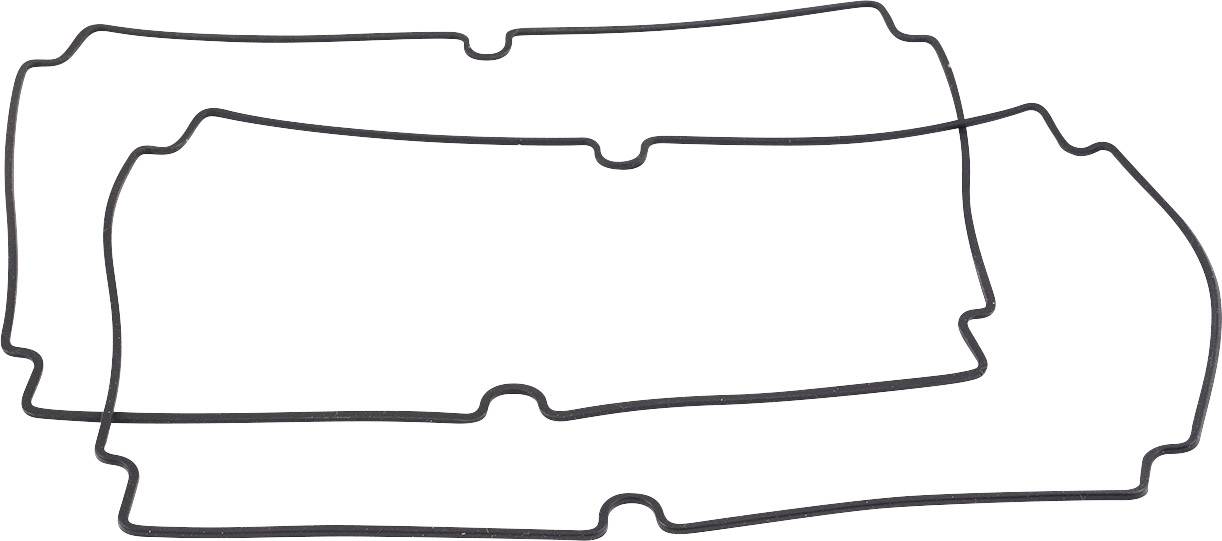 Zwei schwarze Dichtungen, wahrscheinlich für Kfz-Ventildeckel, liegen übereinander auf weißem Hintergrund.