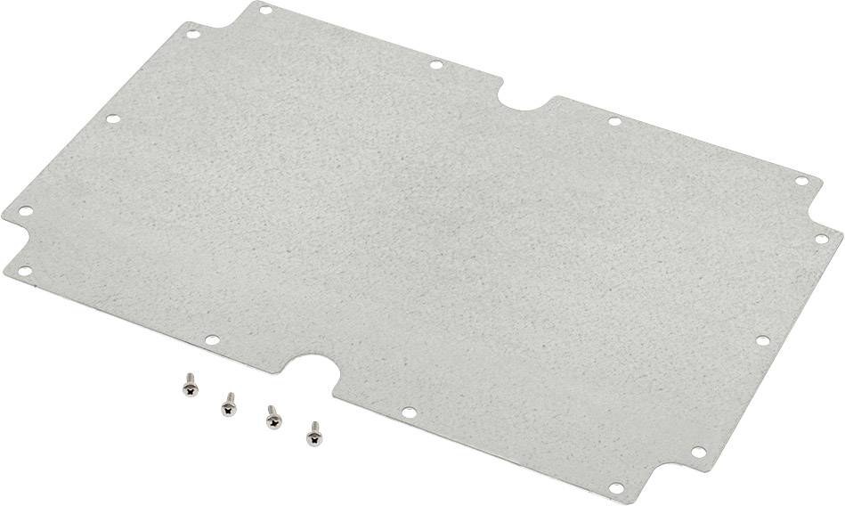 Metallplatte mit vier Schrauben daneben auf einer weißen Hintergrundfläche.