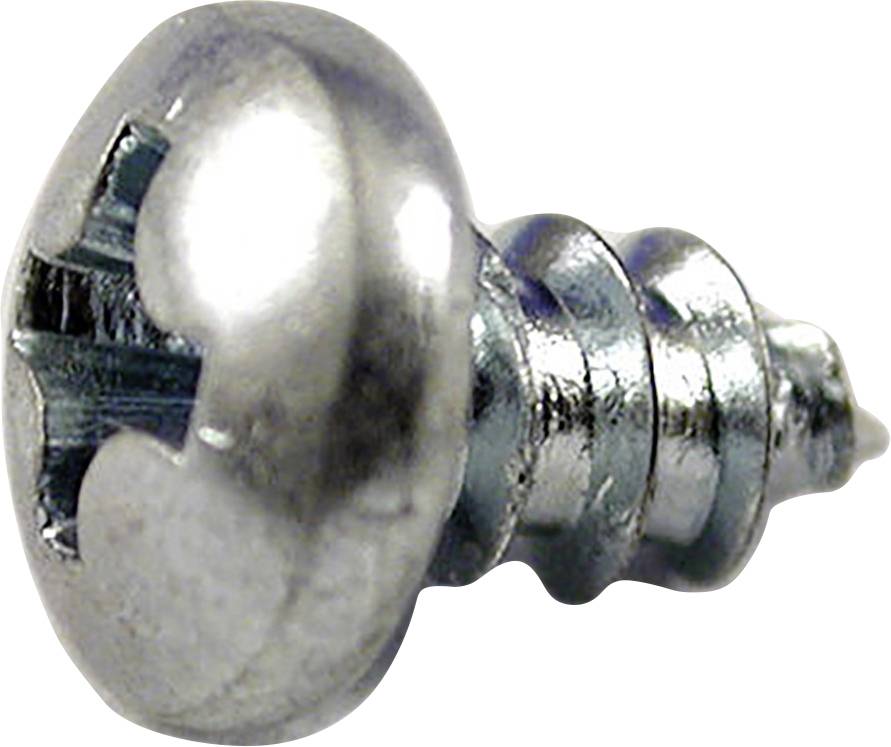 Eine silberne Kreuzschlitzschraube, von der Seite gezeigt, mit glänzendem Kopf und Gewinde.