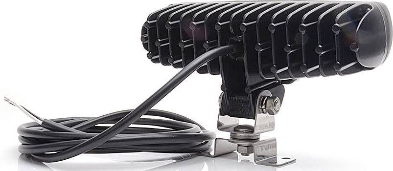 Schwarzes LED-Licht mit Kabel und Halterung, Seitenansicht.