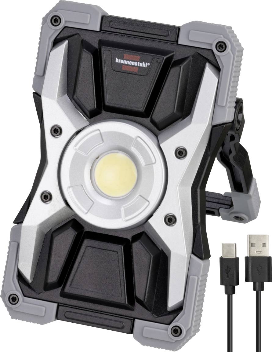 Tragbare LED-Arbeitsleuchte mit integriertem Griff und zwei nebenstehend abgebildeten USB-Ladekabeln.