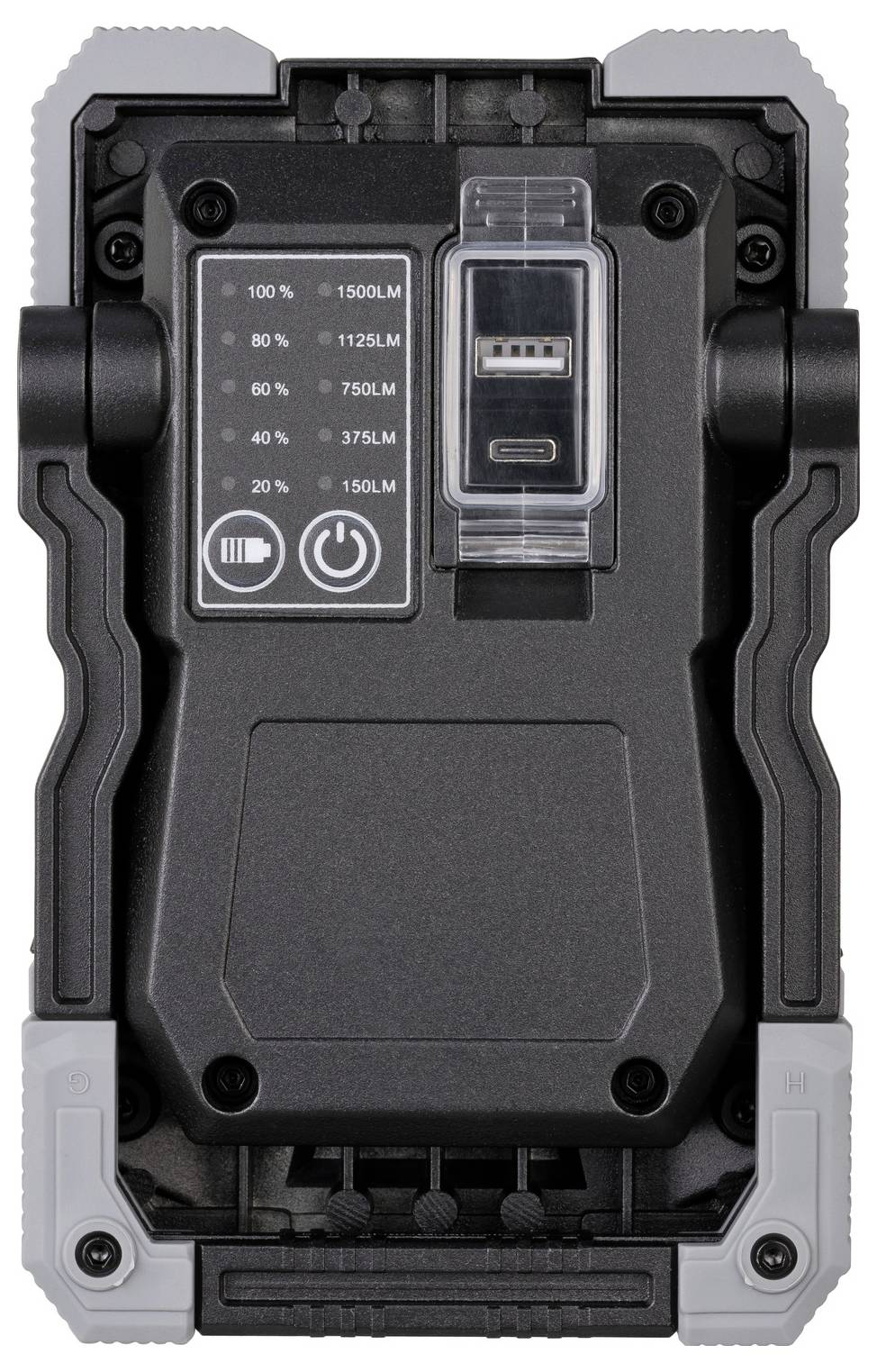 Robuste tragbare LED-Arbeitsleuchte oder Batteriepack in Vorderansicht mit Lade-/Statusfeld, Einschaltknopf, USB-Anschluss und Batteriefüllstandanzeigen.