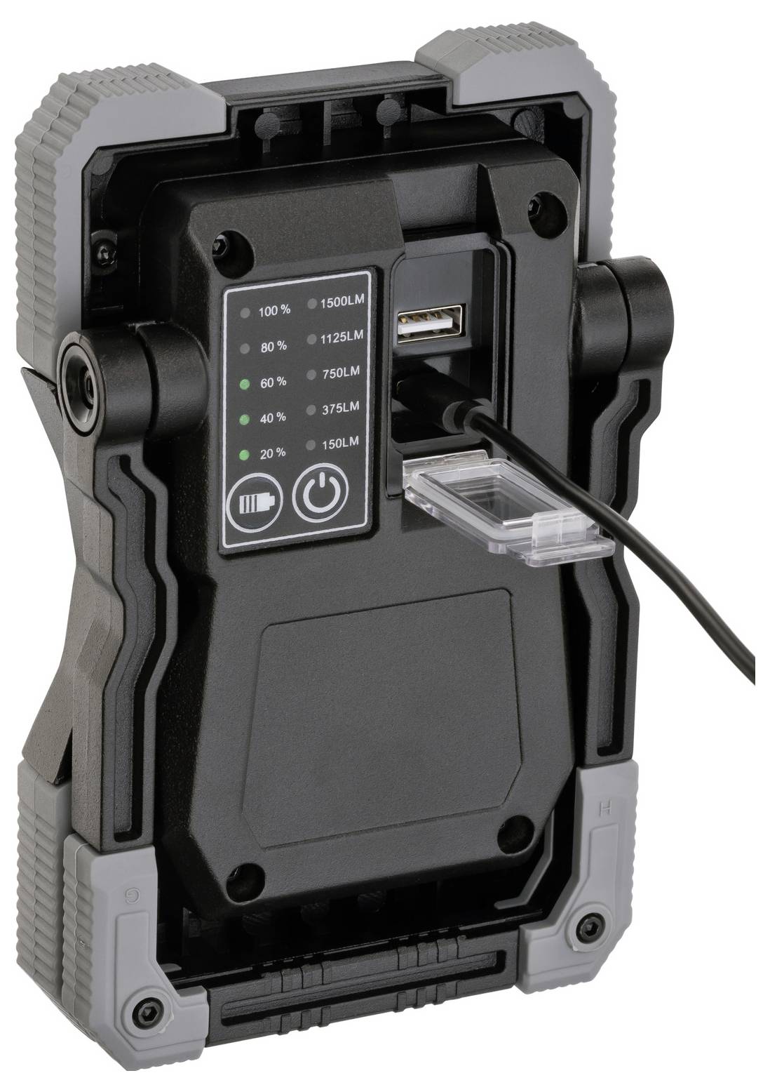 Tragbares robustes Akkupack mit USB-Anschluss, LED-Ladezustandsanzeigen und Stromschaltern, dargestellt mit angeschlossenem Kabel.