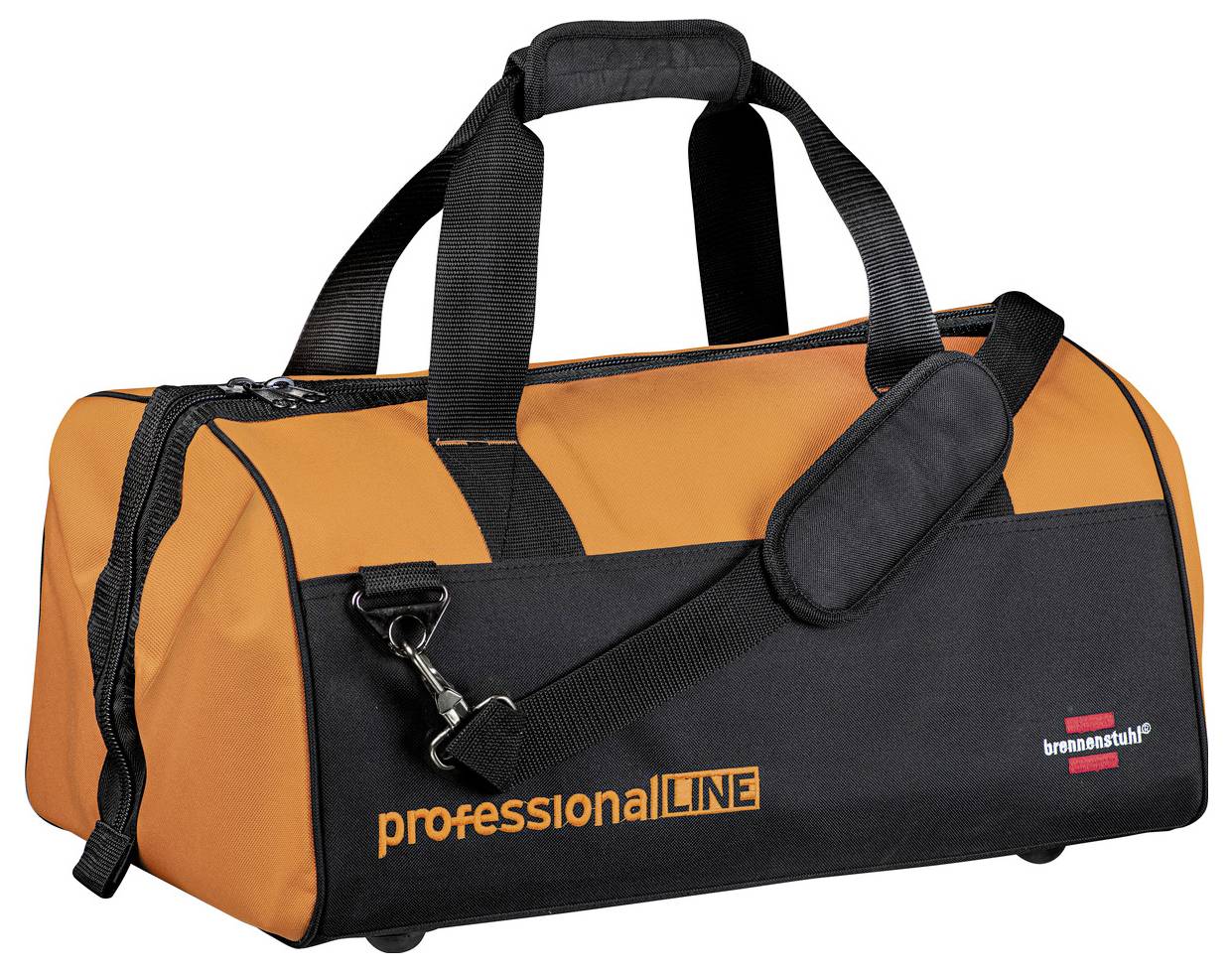 Orangene und schwarze Werkzeugtasche mit der Aufschrift 'professional LINE'. Enthält eine Lampe mit Bedienfeld und Kabel.