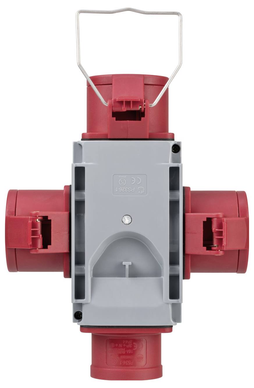 Roter und grauer Kunststoff-Elektrostecker oder Industrialstecker mit metallischem Tragegriff, frontal auf weißem Hintergrund abgebildet.