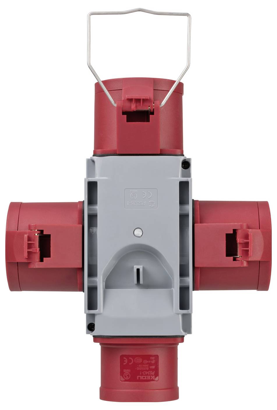 Roter Stecker für Industriestromversorgung mit grauem Mittelteil und Metallgriff, Vorderansicht auf weißem Hintergrund.