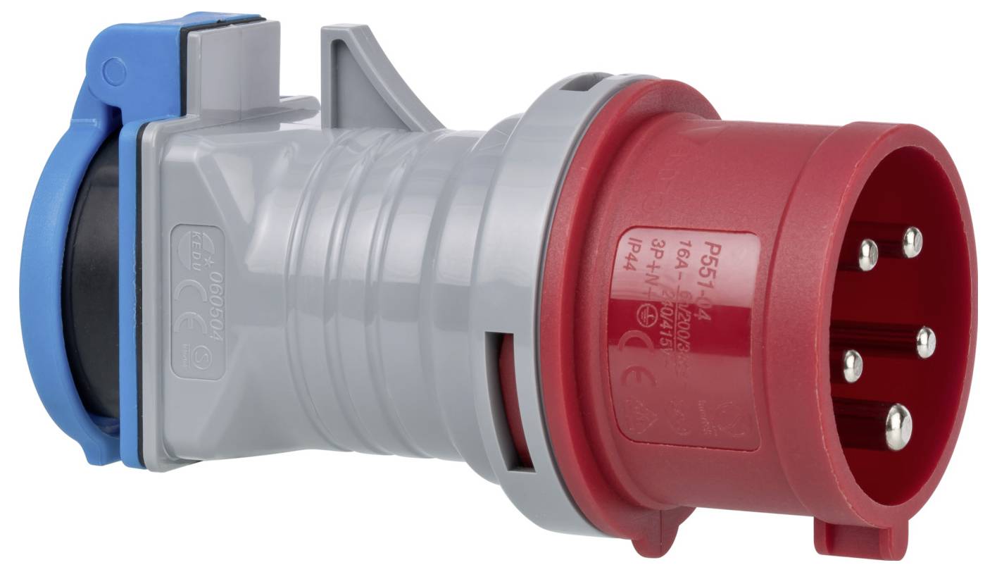 Roter Industrie-Elektrostecker-Adapter mit blauem Griff und roter Steckerbuchse auf weißem Hintergrund.