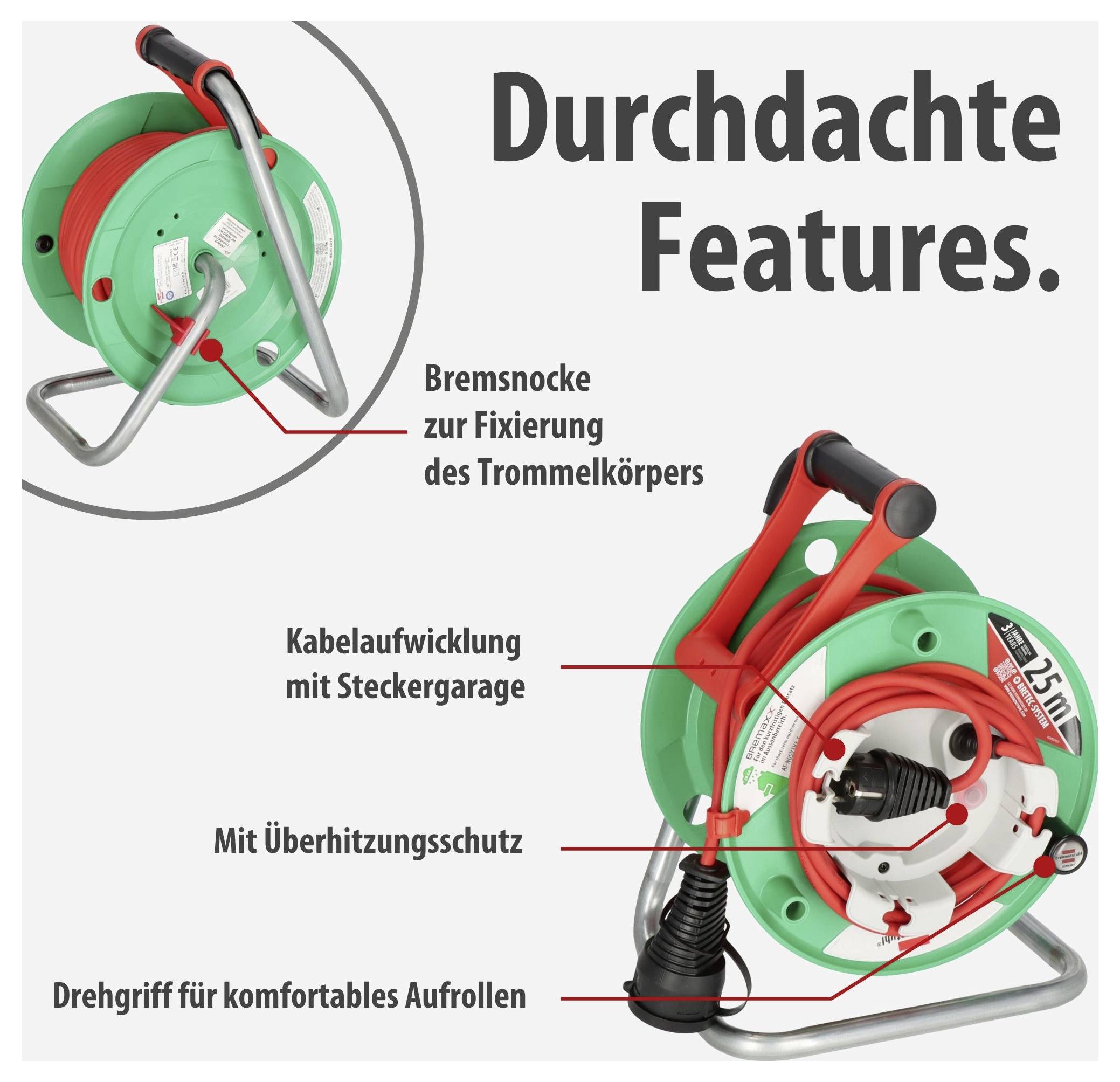 Infografik einer Kabeltrommel mit der Überschrift 'Durchdachte Features' und Hinweisen auf Bremse, Steckergarage, Überhitzungsschutz und Drehgriff.