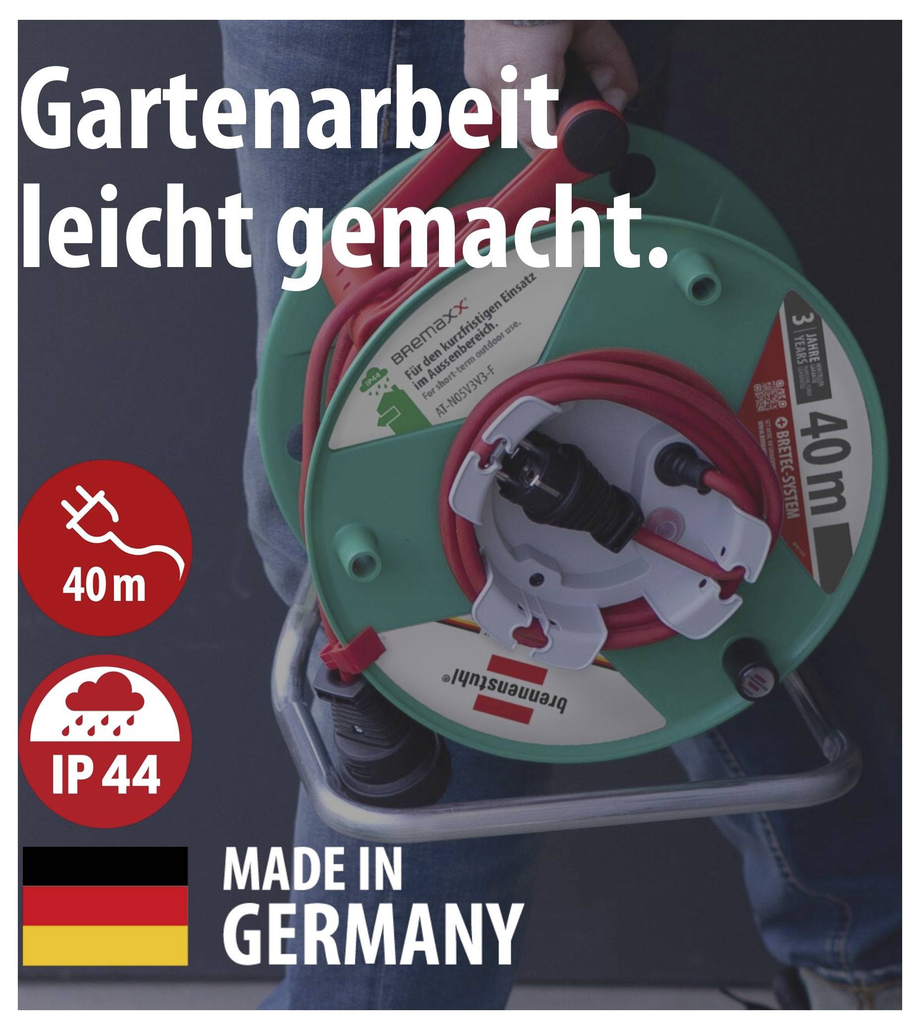 Werbeplakat für ein Gartenkabel: Text 'Gartenarbeit leicht gemacht.', 40 m, IP44, 'Made in Germany', mit Deutschland-Flagge und Kabeltrommel.