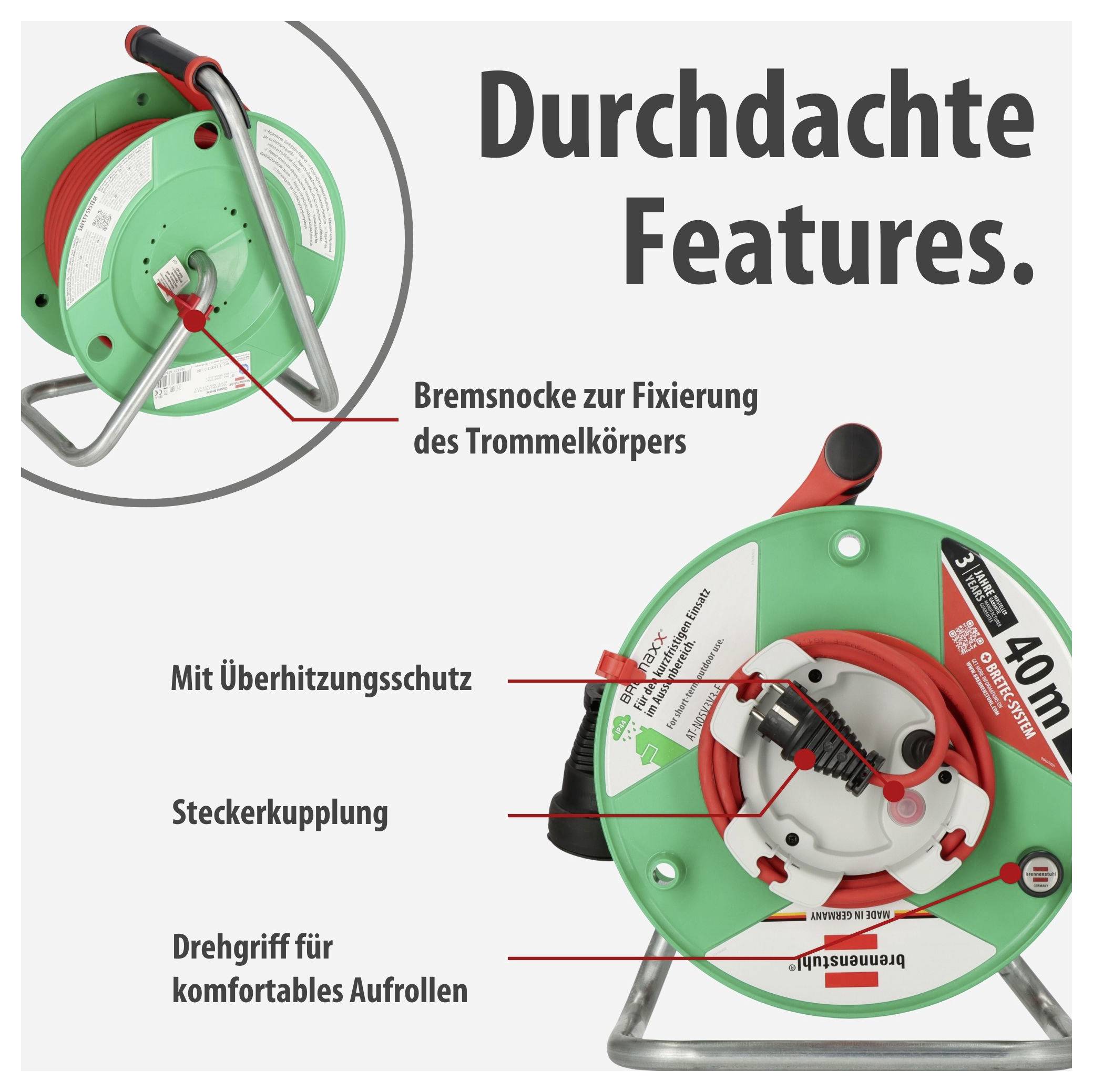 Werbegrafik eines grünen Kabelaufrollers mit Text 'Durchdachte Features.' und markierten Vorteilen: Bremsnocke, Überhitzungsschutz, Steckerkuplung, Drehgriff.