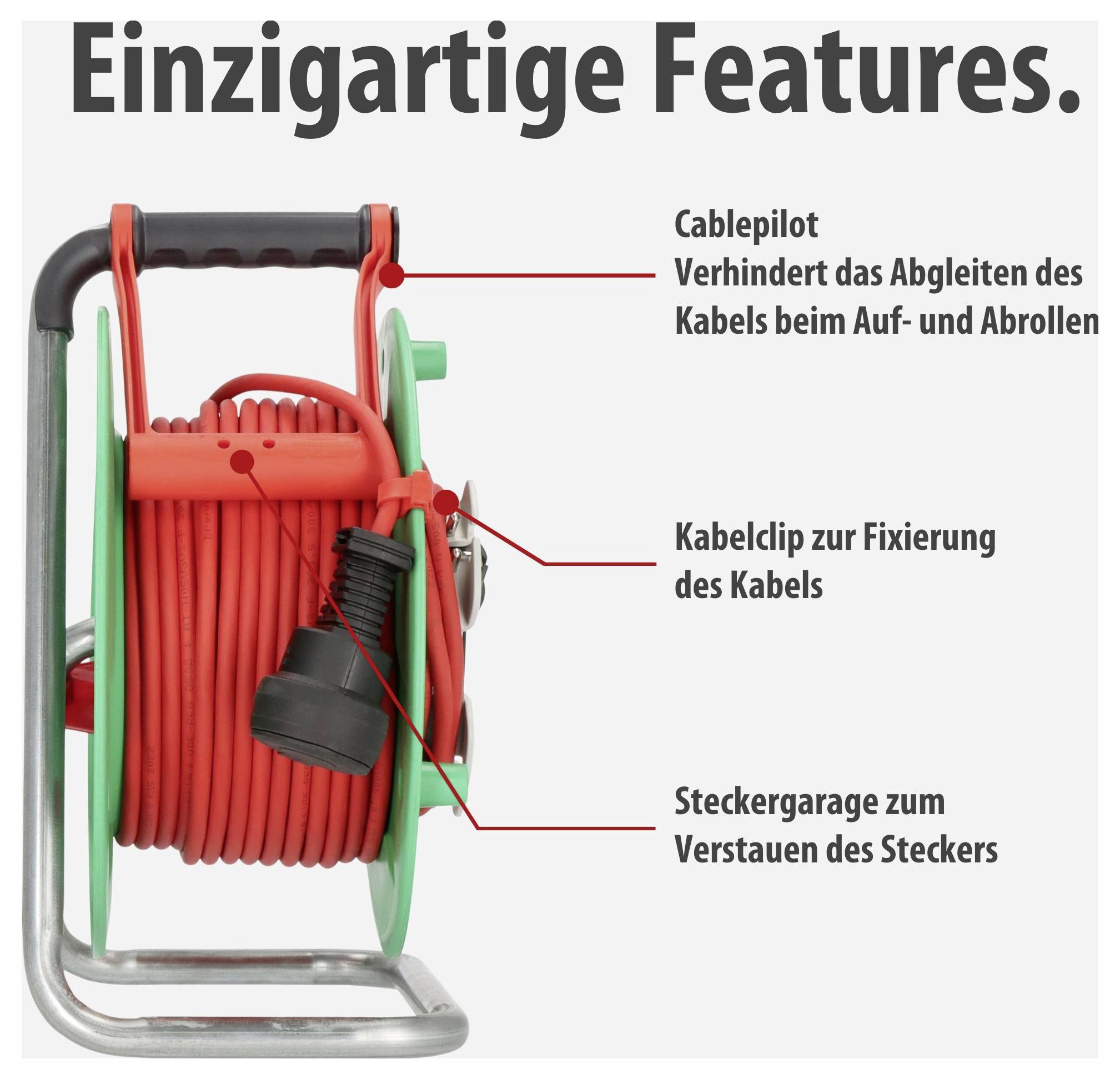 Kabeltrommel mit den 'Einzigartigen Features': Cablepilot gegen Kabelabrutschen, Kabelclip zur Fixierung, Steckergarage zur Aufbewahrung des Steckers.