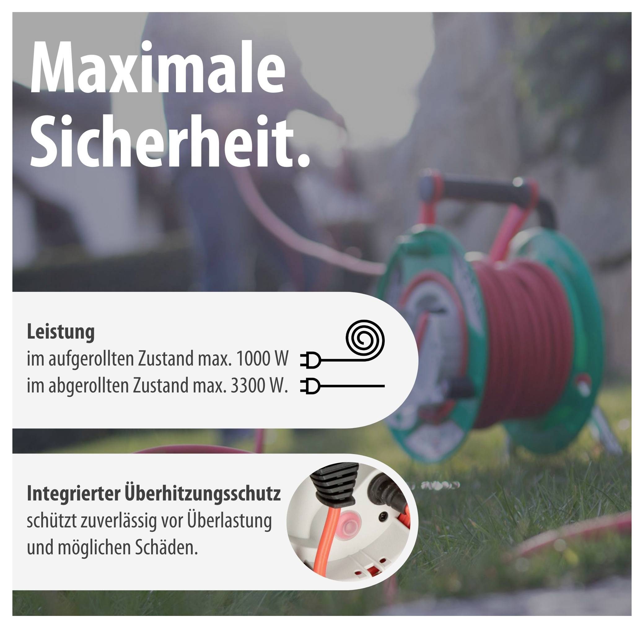 Werbeplakat für ein Kabeltrommelprodukt mit der Überschrift 'Maximale Sicherheit.'; nennt Leistung max. 1000 W aufgerollt und 3300 W abgerollt sowie integrierten Überhitzungsschutz.