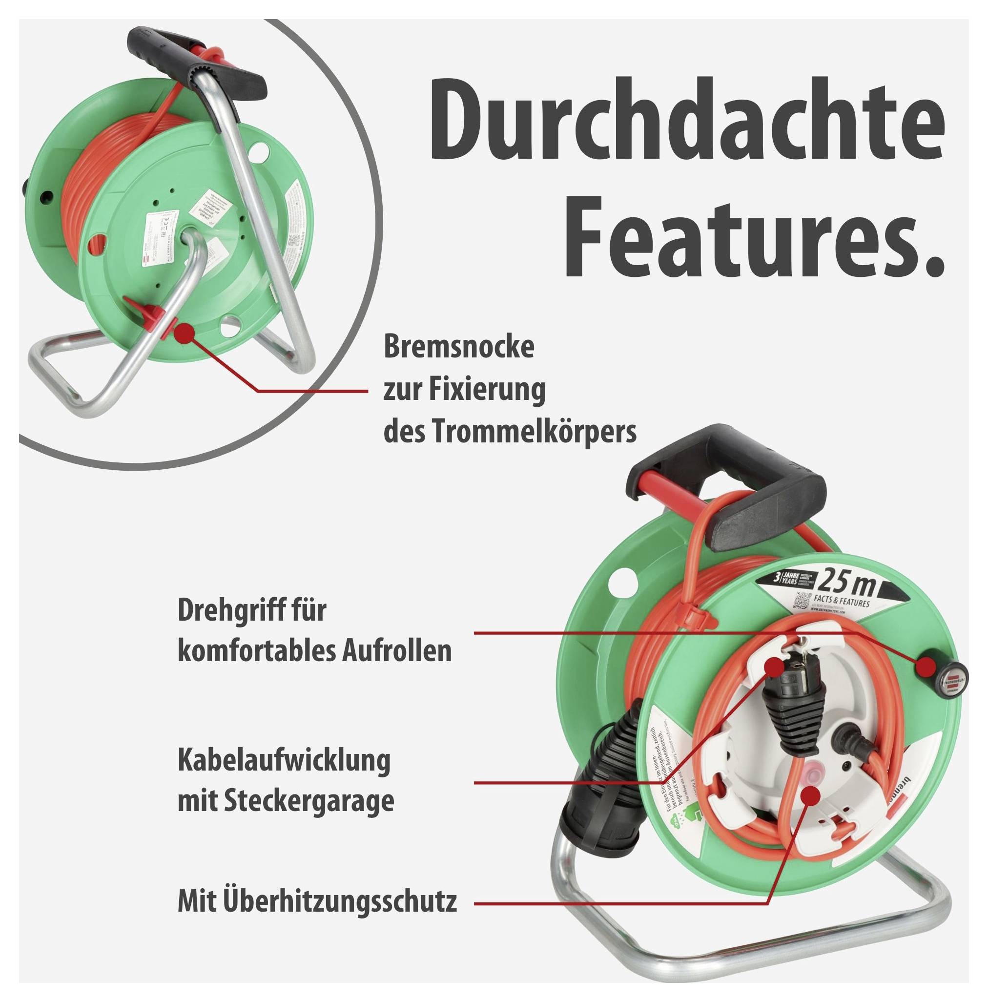 Werbegrafik einer Kabeltrommel mit dem Titel 'Durchdachte Features'; zeigt Bremssocke, Drehgriff, Steckergarage und Überhitzungsschutz.