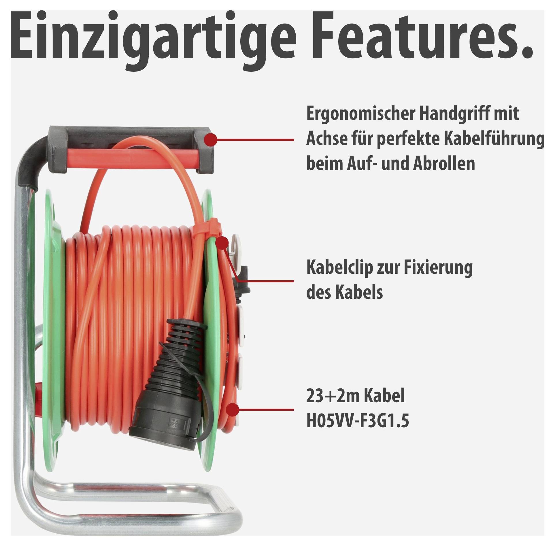 Produktgrafik eines Kabelaufrollers mit den Merkmalen 'Ergonomischer Handgriff', 'Kabelclip' und '23+2m Kabel H05W-F3G1.5'.