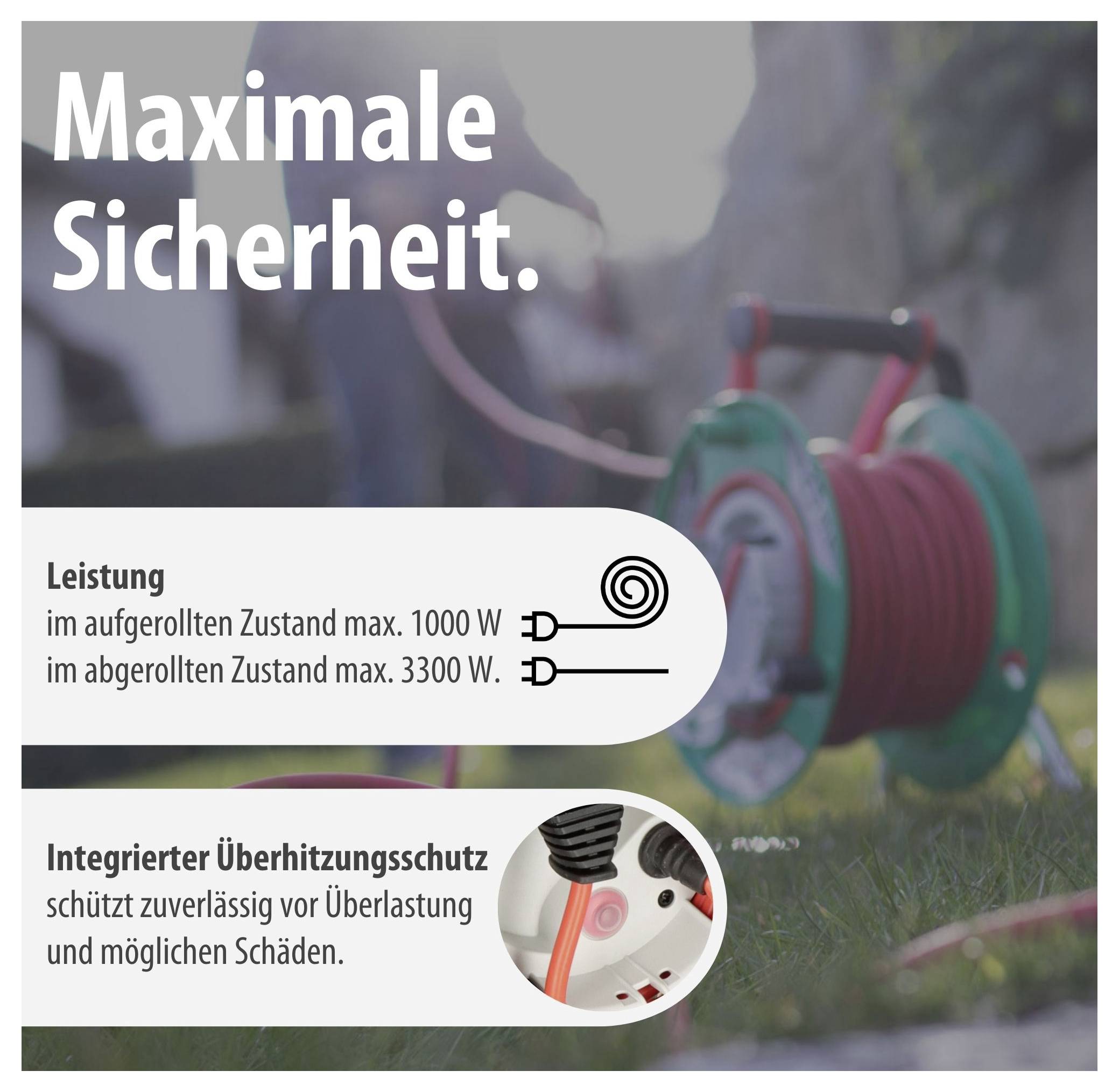 Werbeplakat für eine Kabeltrommel mit Text 'Maximale Sicherheit': Leistung max. 1000 W aufgewickelt, 3300 W abgerollt, integrierter Überhitzungsschutz.