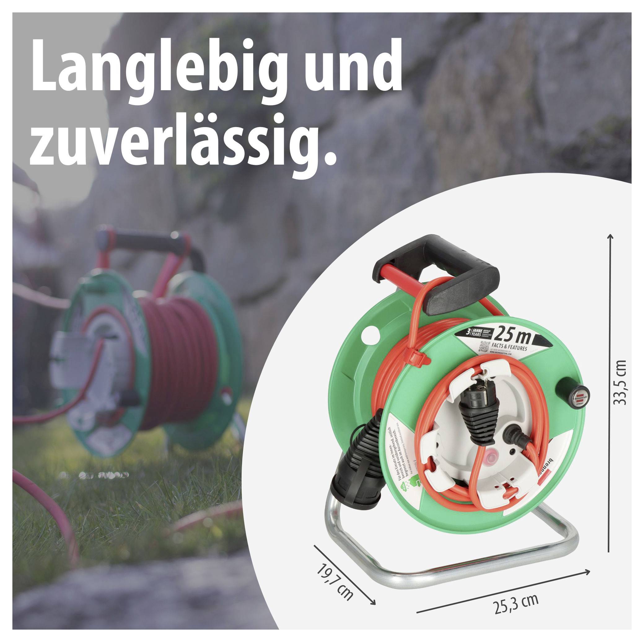 Werbeabbildung eines grünen Kabelaufrollers mit 25 m Kabel; Text 'Langlebig und zuverlässig.', Maße 33,5 x 25,3 x 19,7 cm.