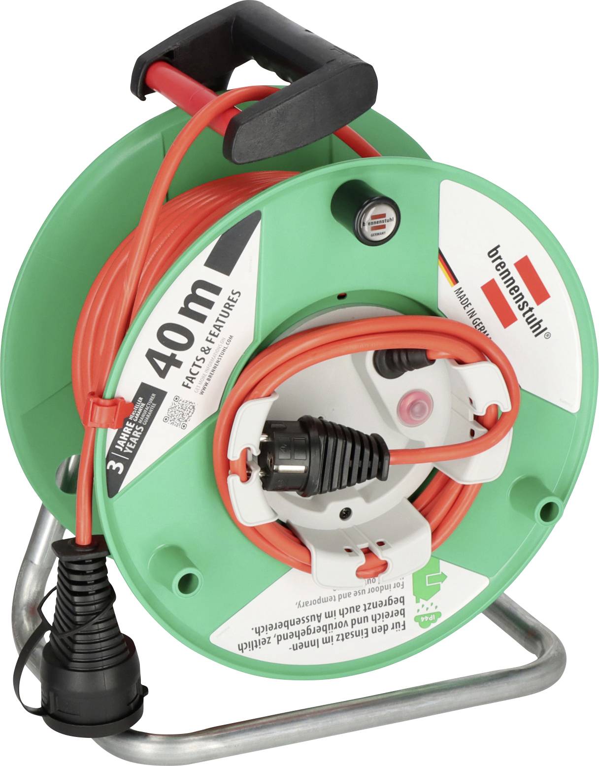 Grüne Kabelrolle mit orangem Verlängerungskabel, schwarzem Griff und Steckdose, beschriftet mit 40 m und Brennenstuhl.