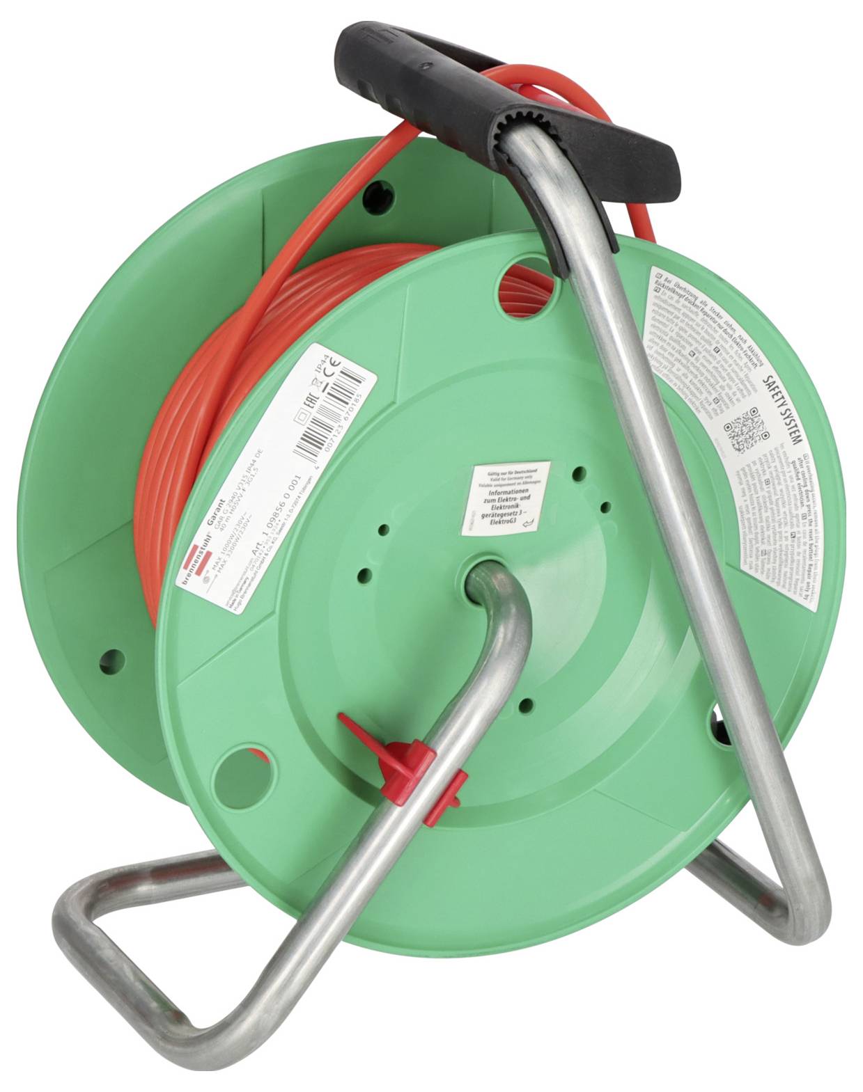 Grüne Kabeltrommel mit aufgewickeltem roten Kabel und mehreren Steckdosen. Geeignet für den Einsatz in Werkstätten oder auf Baustellen.