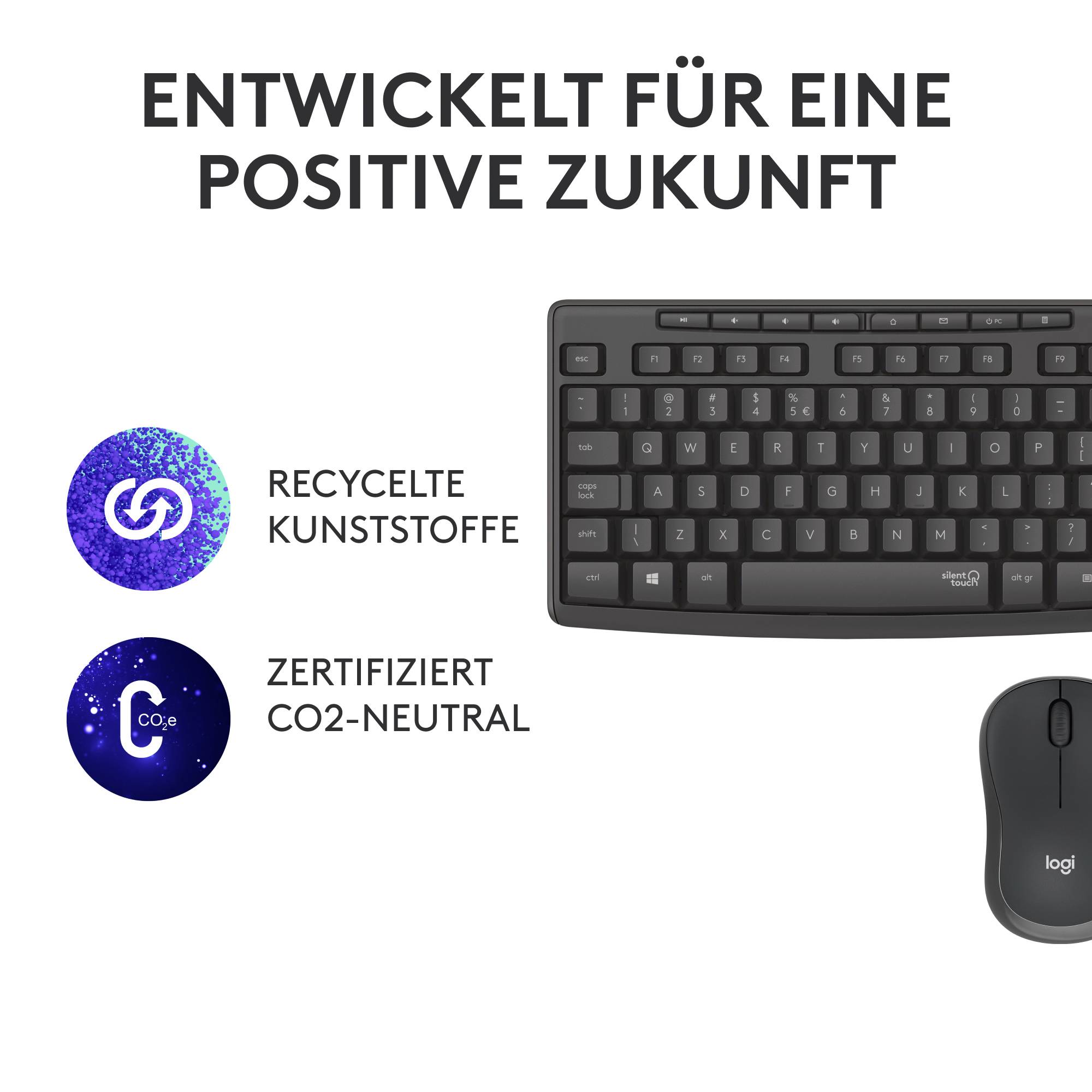 Tastatur und Maus mit Text darüber: Entwickelt für eine positive Zukunft. Links Symbole: recycelte Kunststoffe, zertifiziert CO2-neutral.
