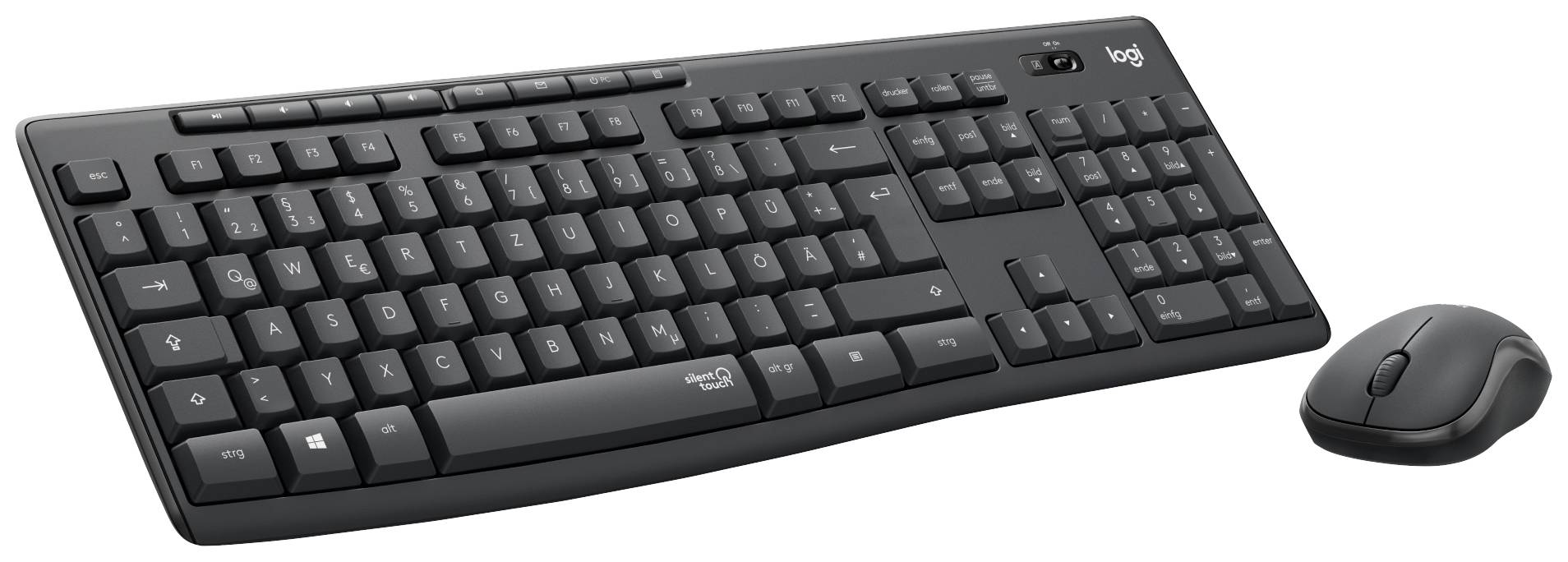 Eine schwarze kabellose Tastatur mit nummerischem Tastenfeld und eine passende Maus.