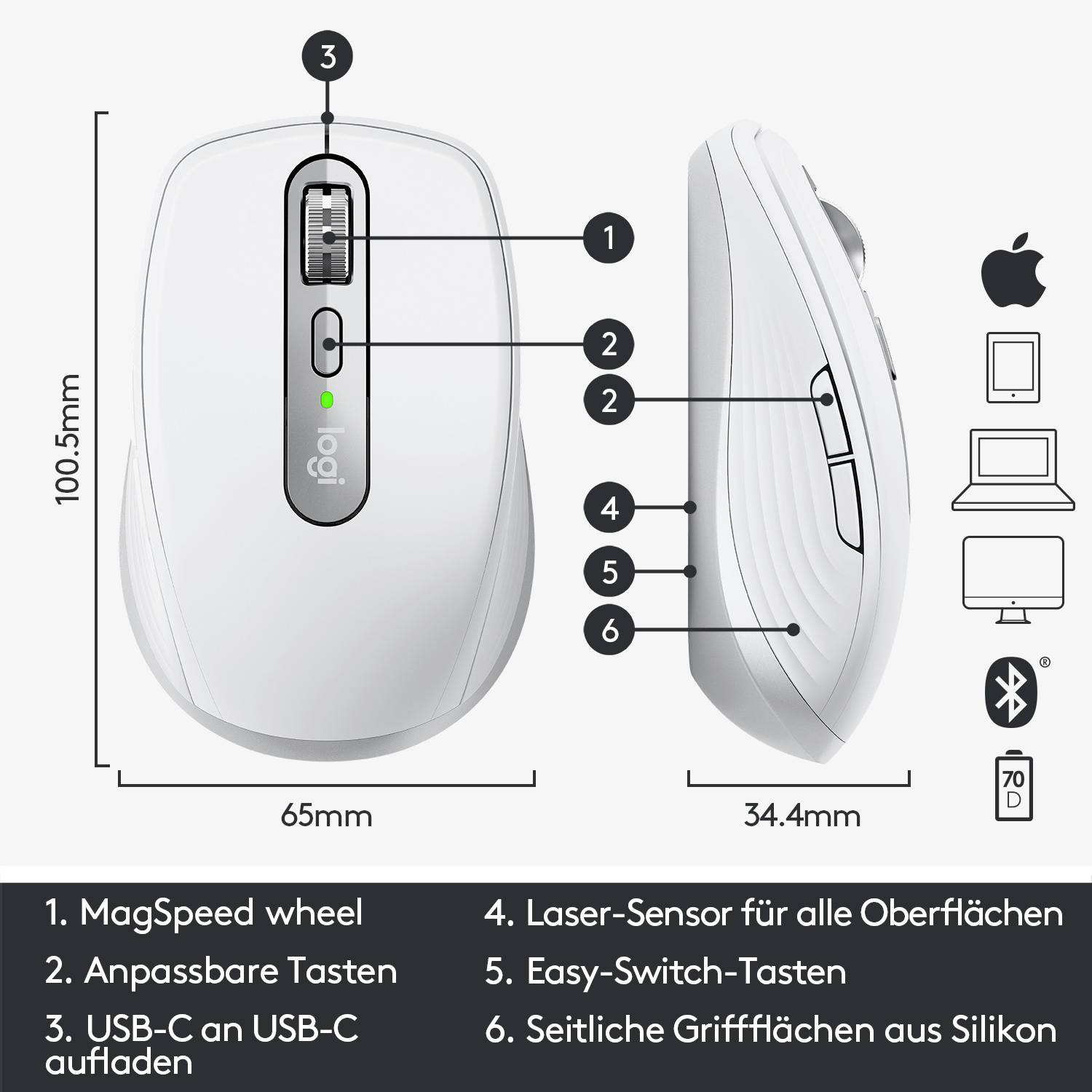 Logitech MX Anywhere 3 Mac Maus Bluetooth® Laser Hellgrau 6 Tasten 1000 dpi Wiederaufladbar