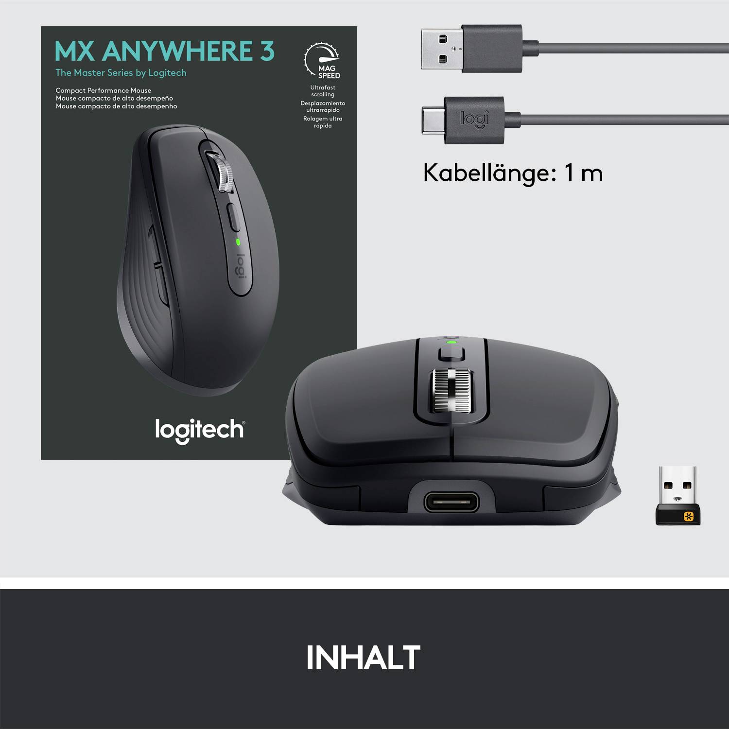 Logitech MX Anywhere 3 Maus Bluetooth®, Funk Laser Graphite 6 Tasten 1000 dpi Wiederaufladbar