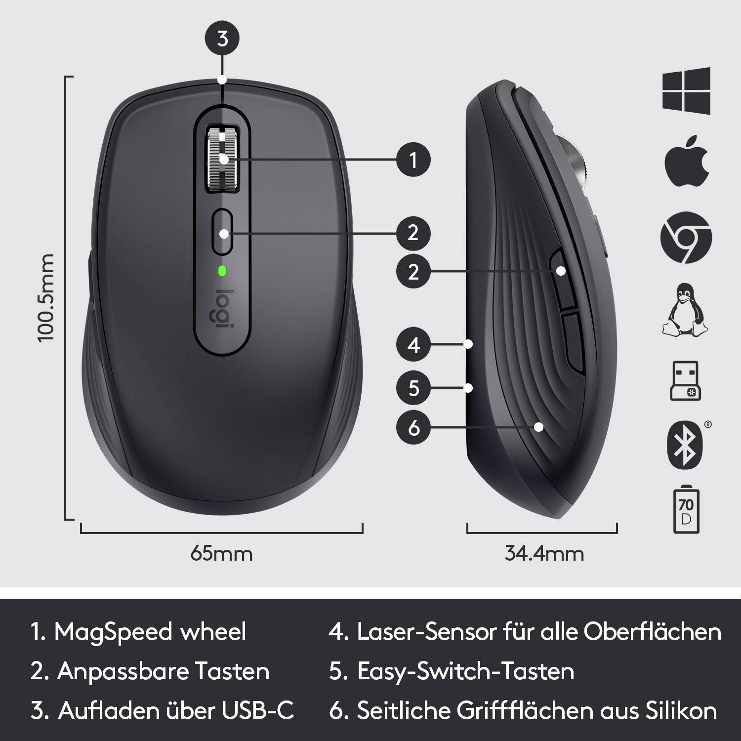 Logitech MX Anywhere 3 Maus Bluetooth®, Funk Laser Graphite 6 Tasten 1000 dpi Wiederaufladbar