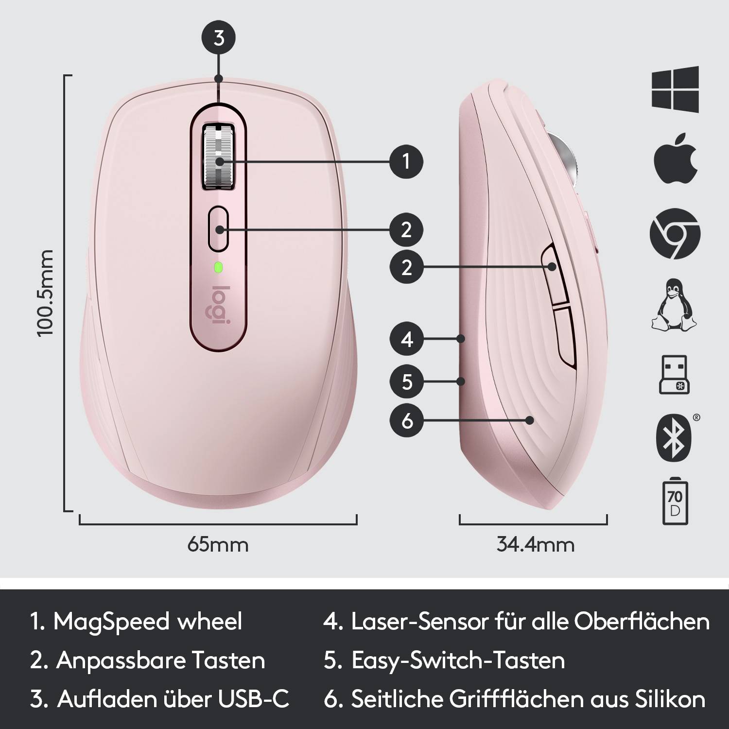 Logitech MX Anywhere 3 Maus Bluetooth®, Funk Laser Rosa 6 Tasten 1000 dpi Wiederaufladbar
