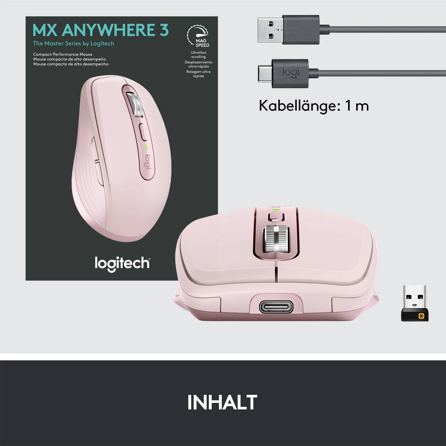 Logitech MX Anywhere 3 Maus Bluetooth®, Funk Laser Rosa 6 Tasten 1000 dpi Wiederaufladbar