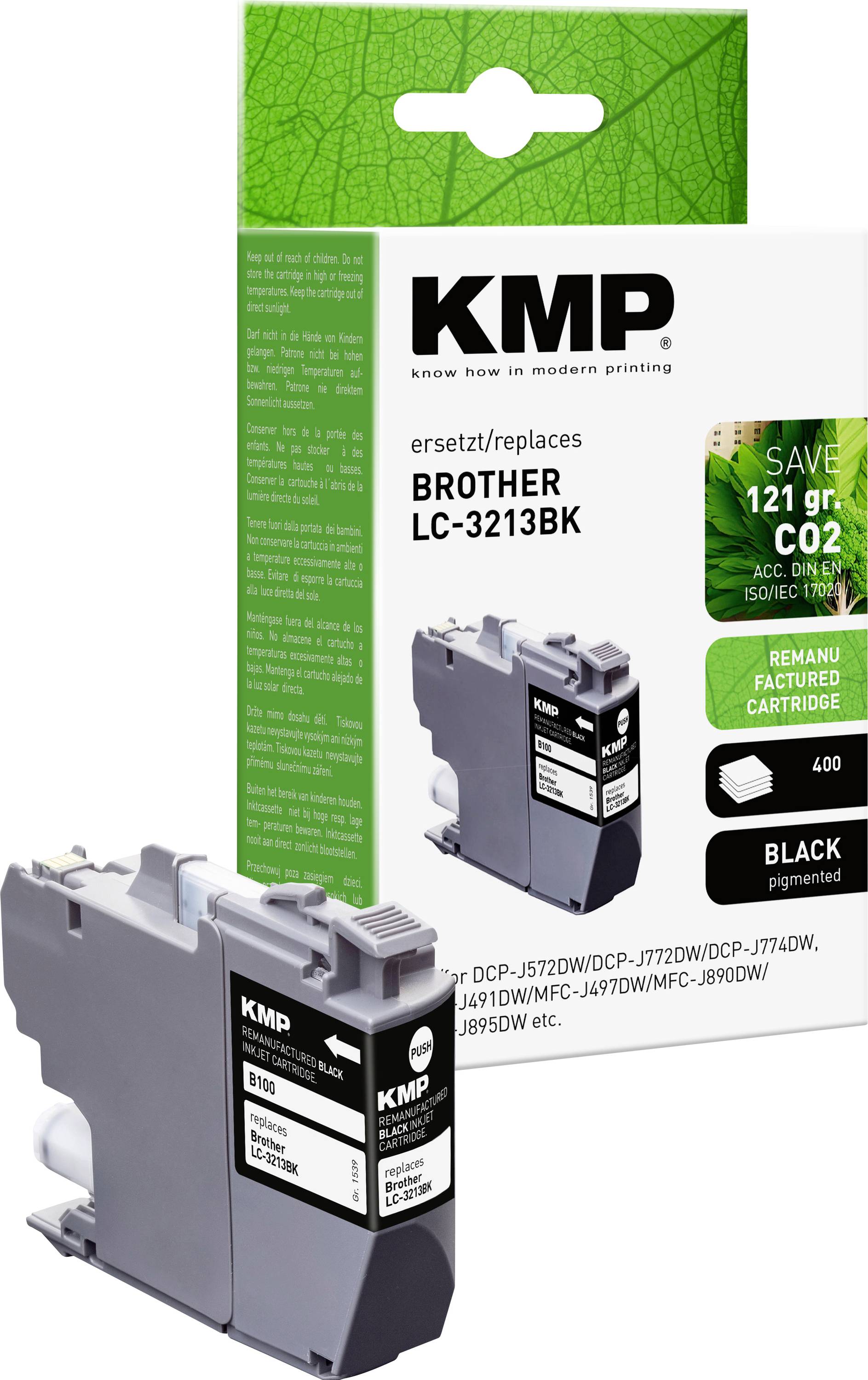 'KMP' Verpackung zeigt eine schwarze Brother LC-3213BK Tintenpatrone mit der Aufschrift 