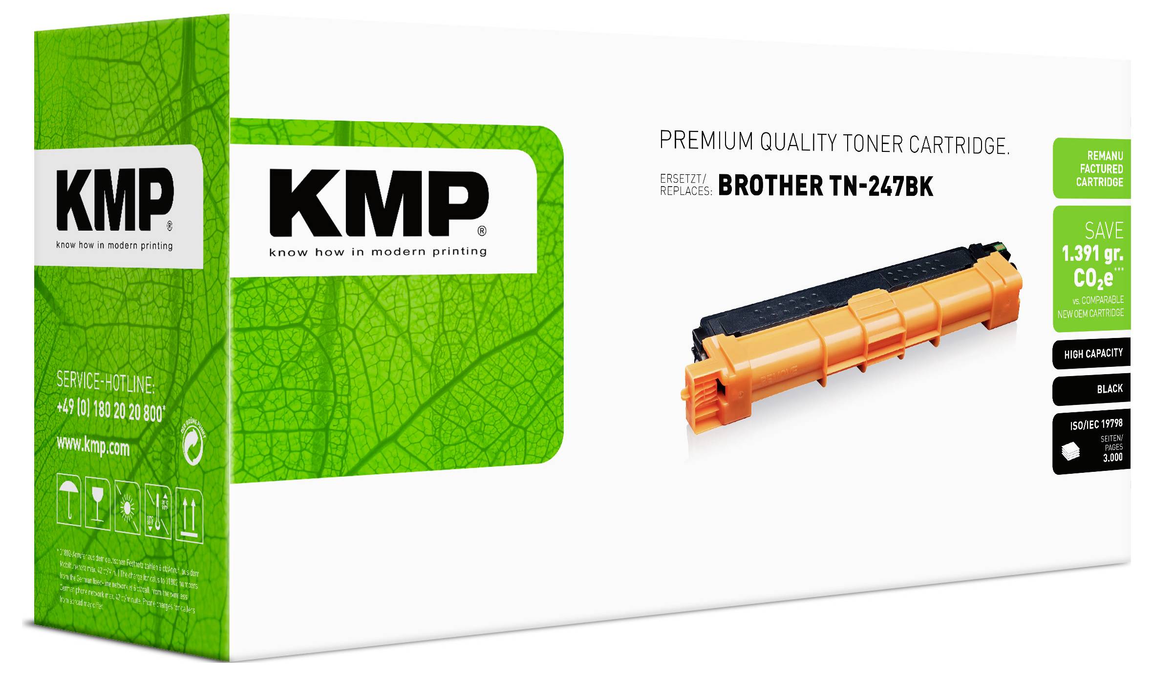 KMP Premium-Qualität Tonerpatrone Verpackung für Brother TN-247BK, zeigt eine schwarze Tonerpatrone und grüne Schachtel mit KMP-Branding.