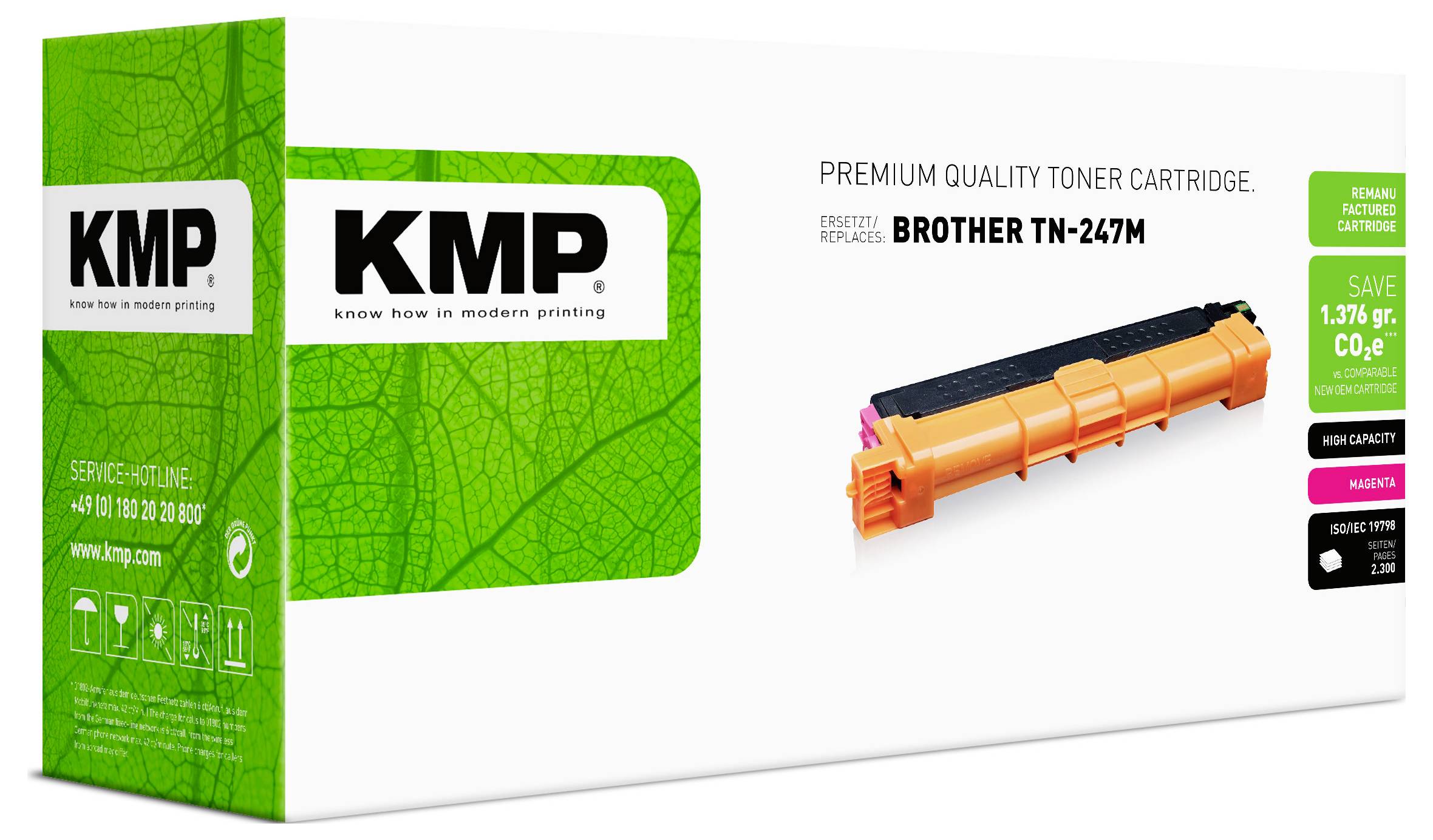 KMP Premium-Qualität Tonerpatrone Verpackung für Brother TN-247M, gezeigt mit einer orangeroten Magenta-Tonerpatrone auf einer weißen Schachteln.